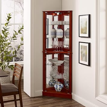 Lighted Corner Curio Display Cabinet with Doors, 6 Tiers Corner Curio Cabinet with Adjustable Tempered Glass Shelves and Mirrored Back Panel, Modern Glass Display Case No Bulb Cherry