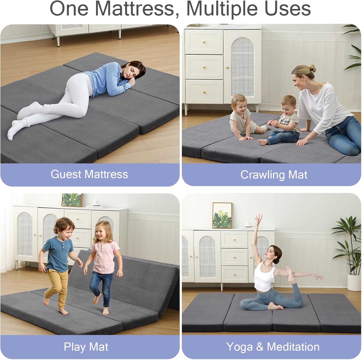 MeMoreCool Folding Foam Futon Mattress Queen, Foldable Japanese Floor Mattress, Sleeping Mat Pad for Adults Guests Sleepovers, 3 in Thick Tatami Mat Portable Shikibuton, Dark Grey