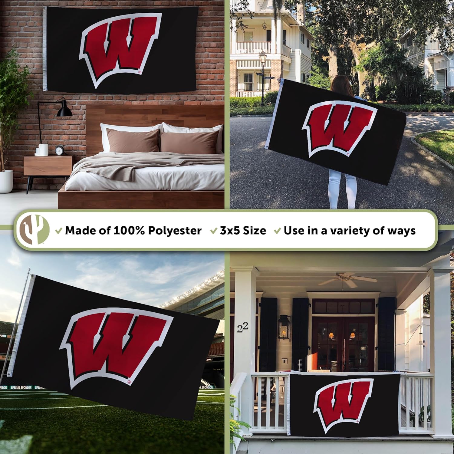 Desert Cactus University of Wisconsin UW Flag - 3 x 5 Feet Badgers Banner, Indoor/Outdoor Durable Fabric, 100% Polyester Design (Style 3) - Image 3