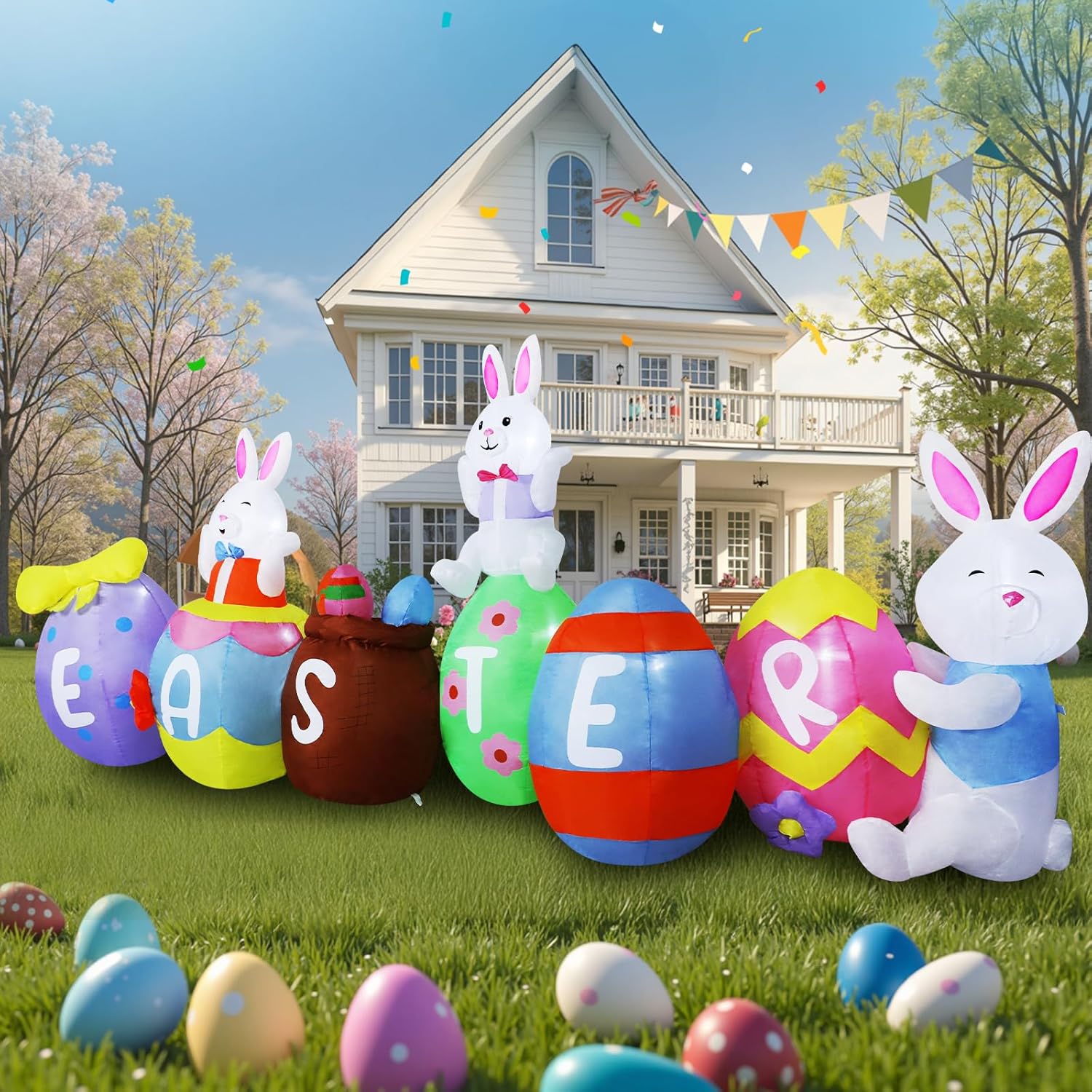 10FT Easter Inflatables Outdoor Decorations, Large Easter Blow Up Bunny & Eggs Built-in 9 Bright LED Lights, Cute Spring Inflatable Decor for Yard Garden Lawn Holiday Party