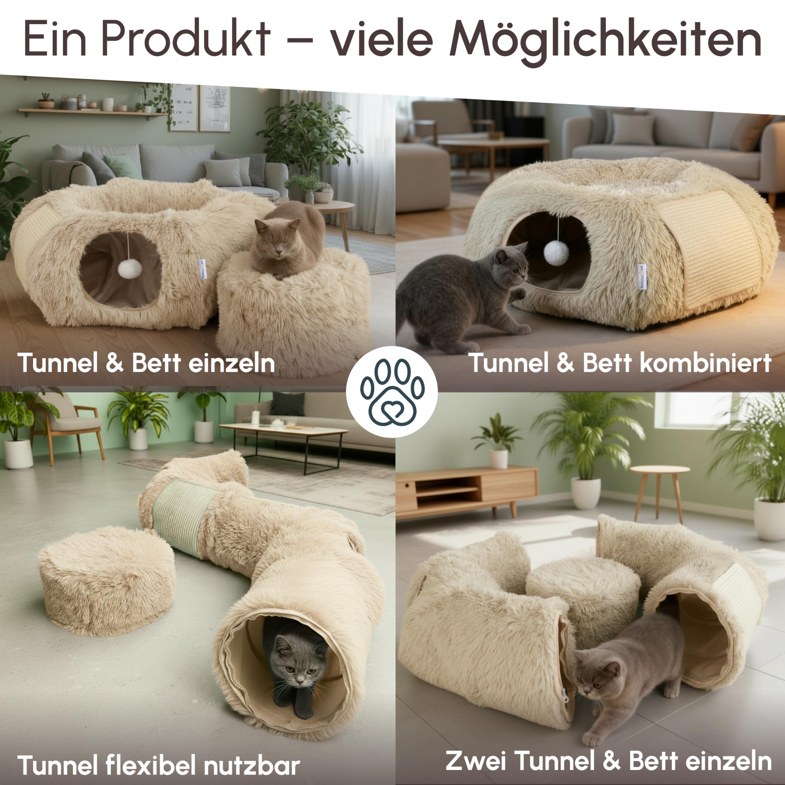 3-in-1 Katzentunnel mit Katzenbett & Kratzflächen | Flexibel nutzbarer Premium Katzentunnel aus weichem Plüsch als Katzenhöhle, Katzenkorb & Katzenspielzeug | Waschbar | Mit Sisal Kratzmatte | BEIGE