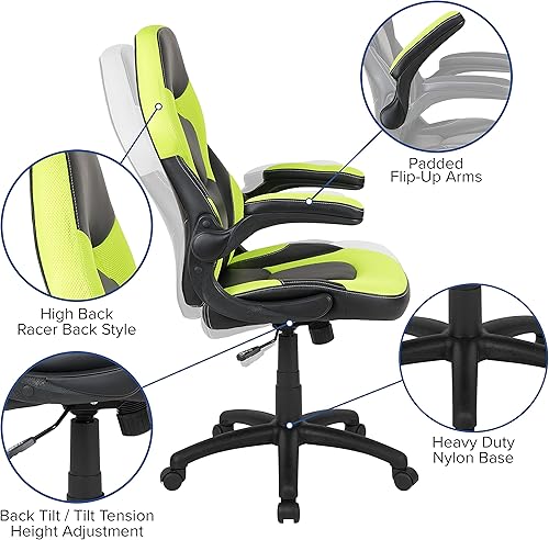 Miniatura 95 de Flash Furniture X10 - Silla giratoria de policarbonato ergonómica y ajustable con apoyabrazos abatibles; para videojuegos, juegos de carreras,