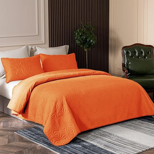 Miniatura 2 de Juego de ropa de cama Whale Flotilla King, colchas suaves de color naranja para cama tamaño King, 3 piezas de colcha geométrica ligera con patrón de