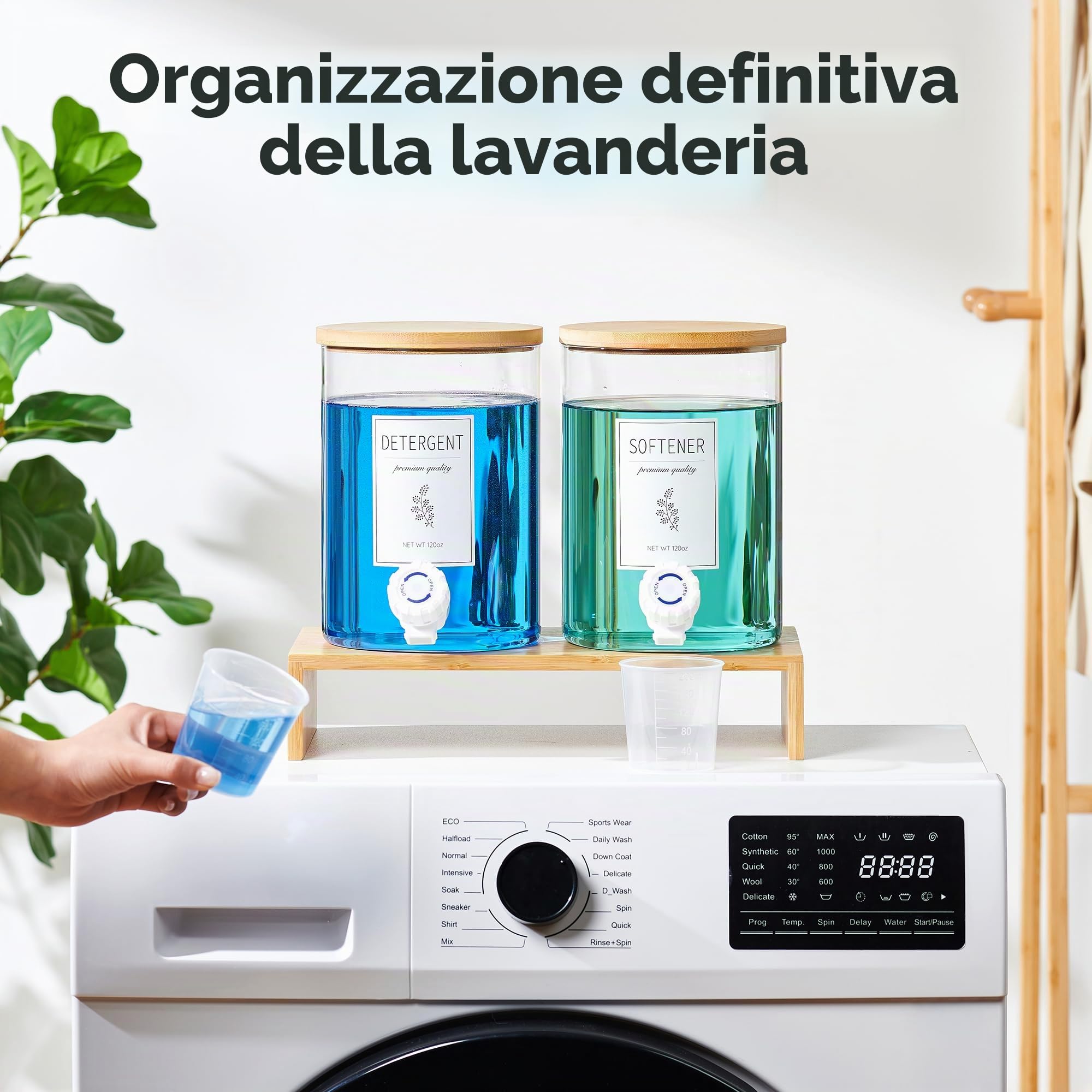 Dispenser di Detersivo per Bucato in Vetro con Mensola e Coperchio in Bambù - 3,5 Litri di Detersivo Liquido, Dispenser per Sapone da Bucato e Ammorbidente per l'Organizzazione e Conservazione della