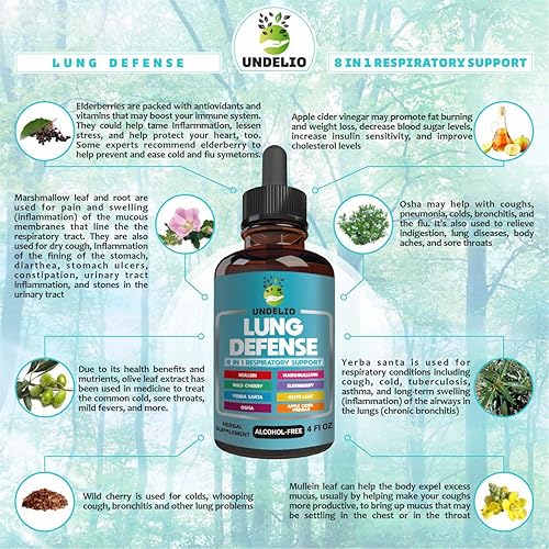 Miniatura 2 de LUNG DEFENSE - Mezcla de extracto de hierbas 8 en 1 (Mullein, malvavisco, OSHA, cereza silvestre, saúco, yerba santa, hoja de olivo, ACV) Limpieza
