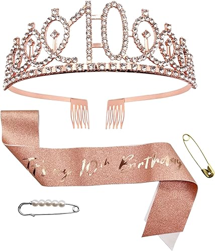 Banda y tiara de cumpleaños número 10, tiara de cumpleaños de 10 y banda de cumpleaños de 10 años para niña, banda de oro rosa, corona de