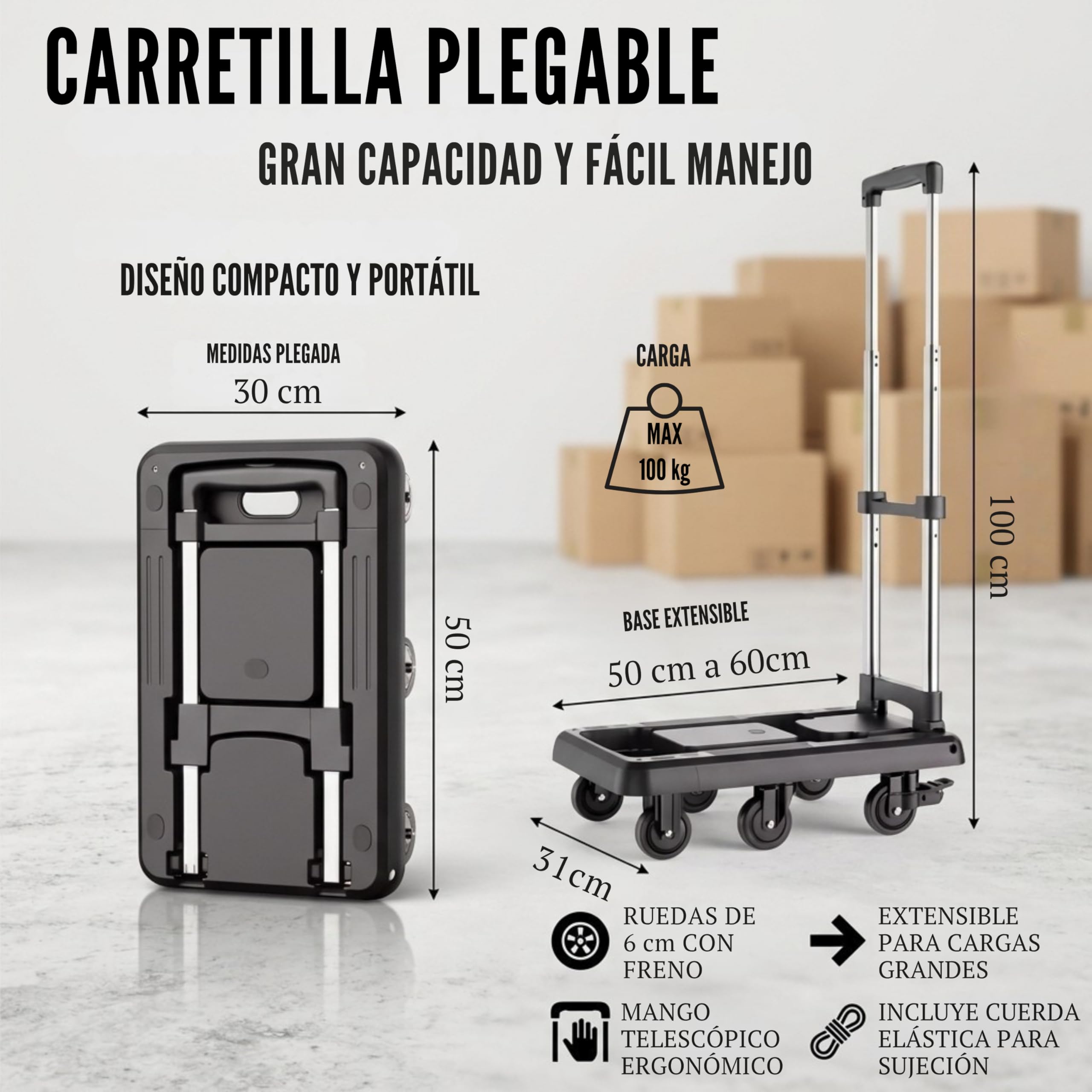 Carretilla Plegable hasta 100kg con 6 Ruedas de Goma con Freno, Carro de Transporte Plegable Extensible 60x30 cm, Mango Telescópico Ajustable, Plataforma Compacta para Mudanzas, Compras o Trabajo