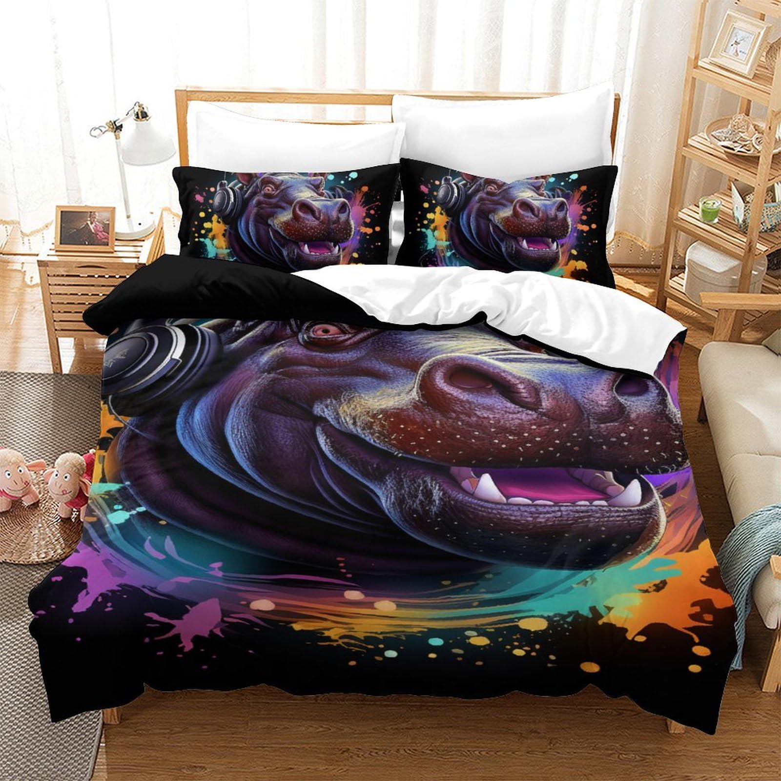 Housse de couette hippopotame motif 3D microfibre parure de lit 140x200 3 pièces