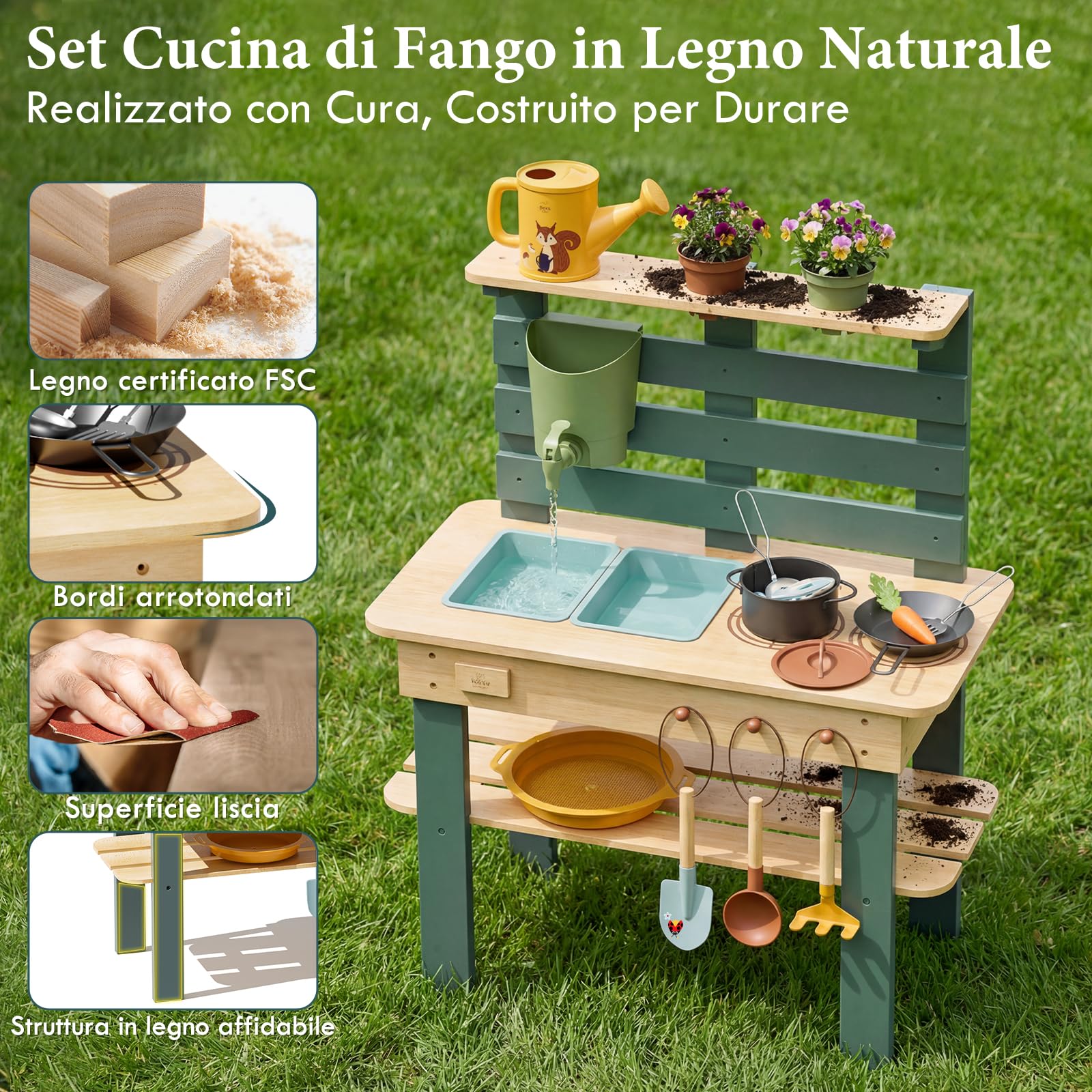 Lehoo Castle Cucina Bambini Legno - Mud Kitchen da Esterno con Lavello a Acqua Corrente, Giochi Sensoriali per Cucinare e Annaffiare, Giocattolo Montessori per Giardino 3+ Anni