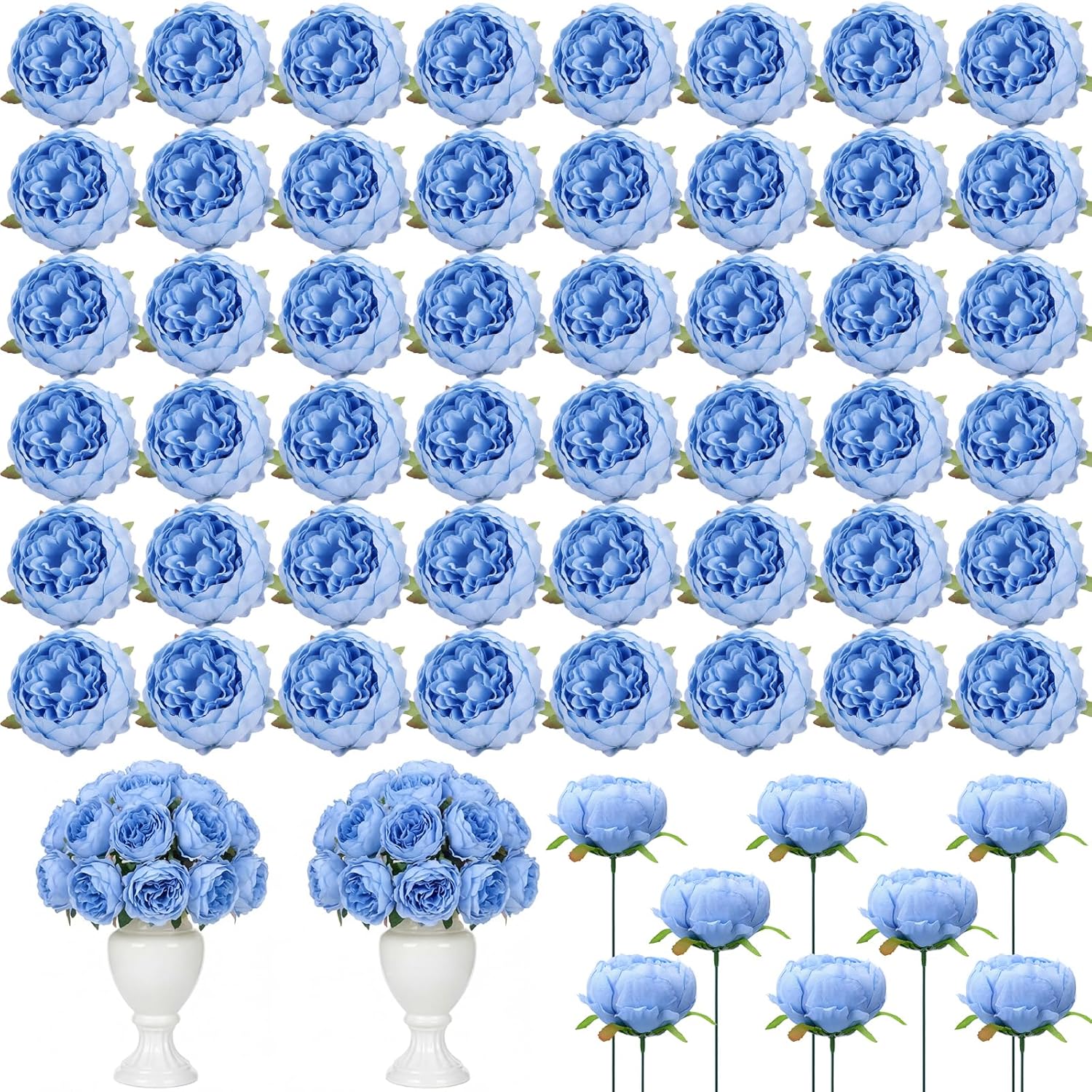 50 Pcs Artificial Peony Flower Bulk 3.5 Inch Silk Peony Flowers Heads with Stems Realistic Fake Roses for DIY Wedding Craft Bridal Bouquets Table Centerpieces Vase Home Decor (Sky Blue)