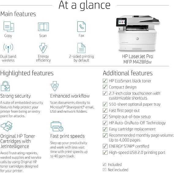 HP LaserJet Pro Multifunction M428fdw Wireless Laser Printer (W1A30A)  (Renovado) : Productos de Oficina - Amazon.com