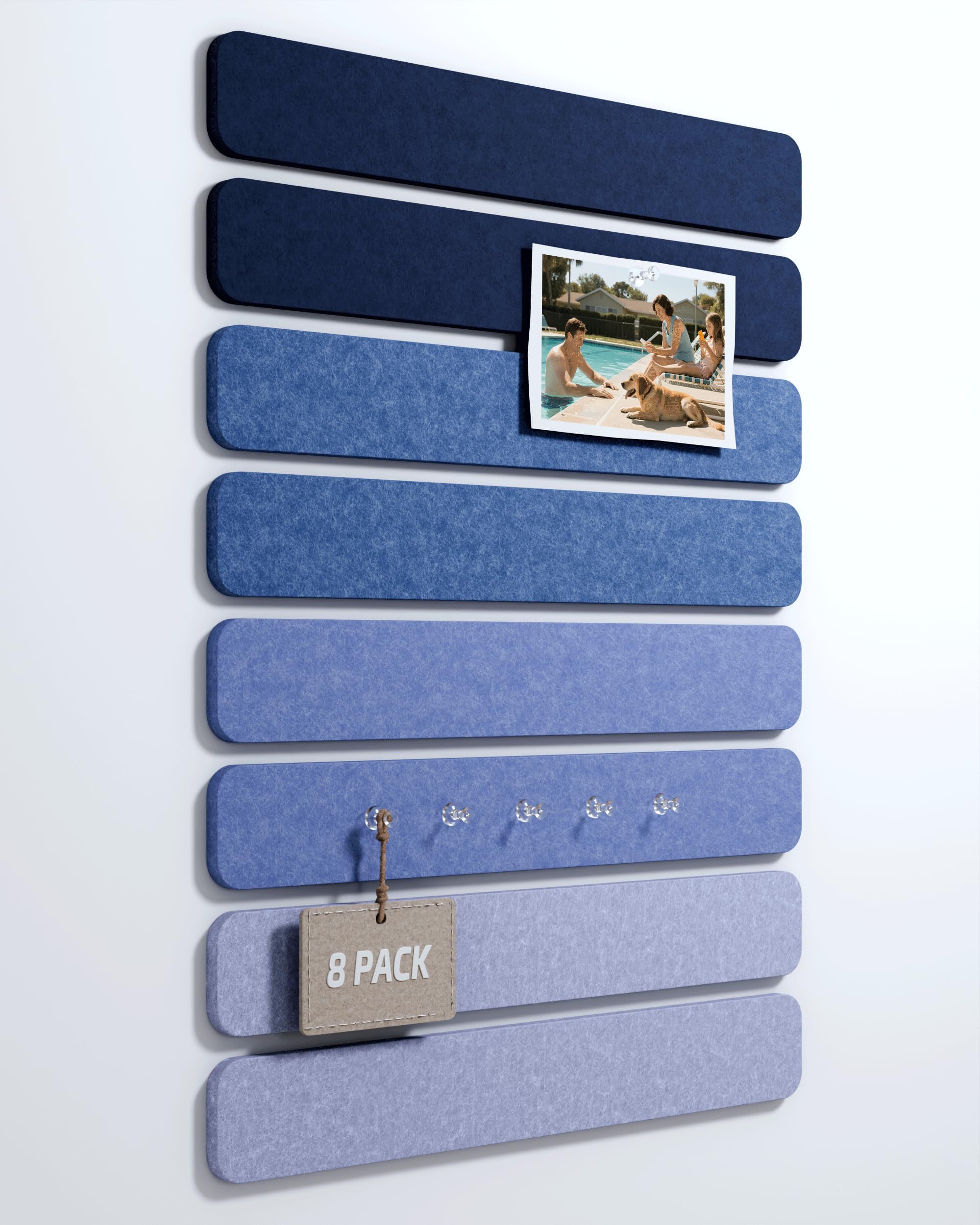 Pizarra de Felpa para Oficina 13x2 pulgadas, Juego de 8 Paneles de Felpa Adhesivos con 30 Chinchetas, Pizarra de Fotos/Memo/Anuncios para Escuela, Casa, Cocina - Denim Mist
