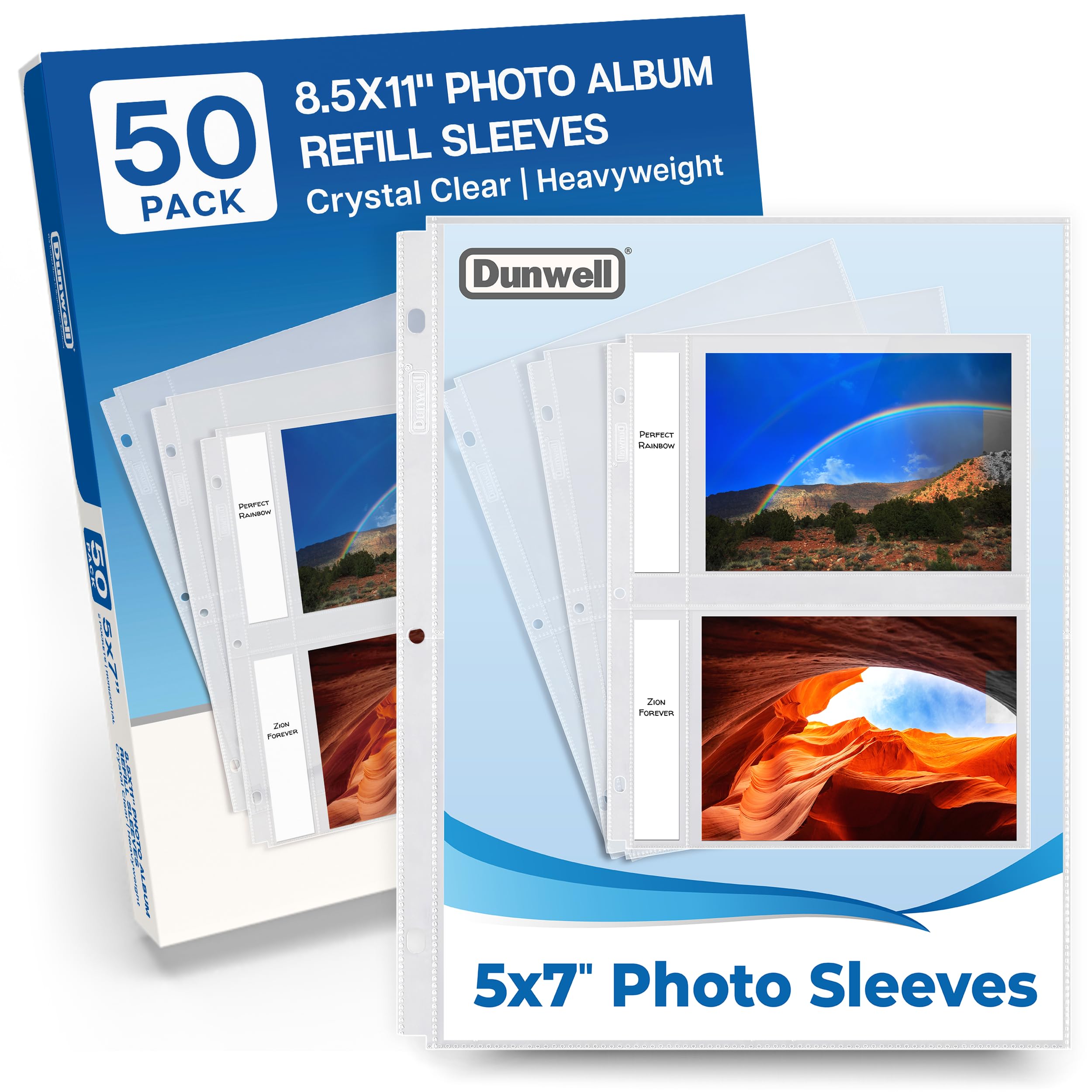 Dunwell Photo Sleeves for 3-Ring Binder, (5x7, 50 Pack) for 200 Pictures, Each Clear Plastic Sheet Protector Holds Four 5 x 7 Pictures or Postcards, Acid-Free Poly Photo Album Refill Pages