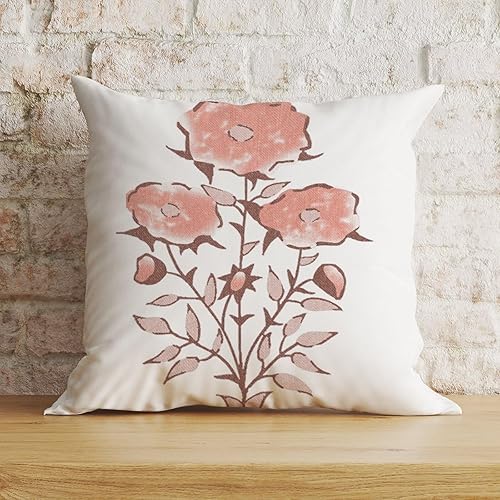 Throw Pillow Cover Red Flower Cushion Cover Chinoiserie 18x18in Decorative Pillow Home Cotton Linen Elegant Pillowcase for Sofa Couch Bedroom Living