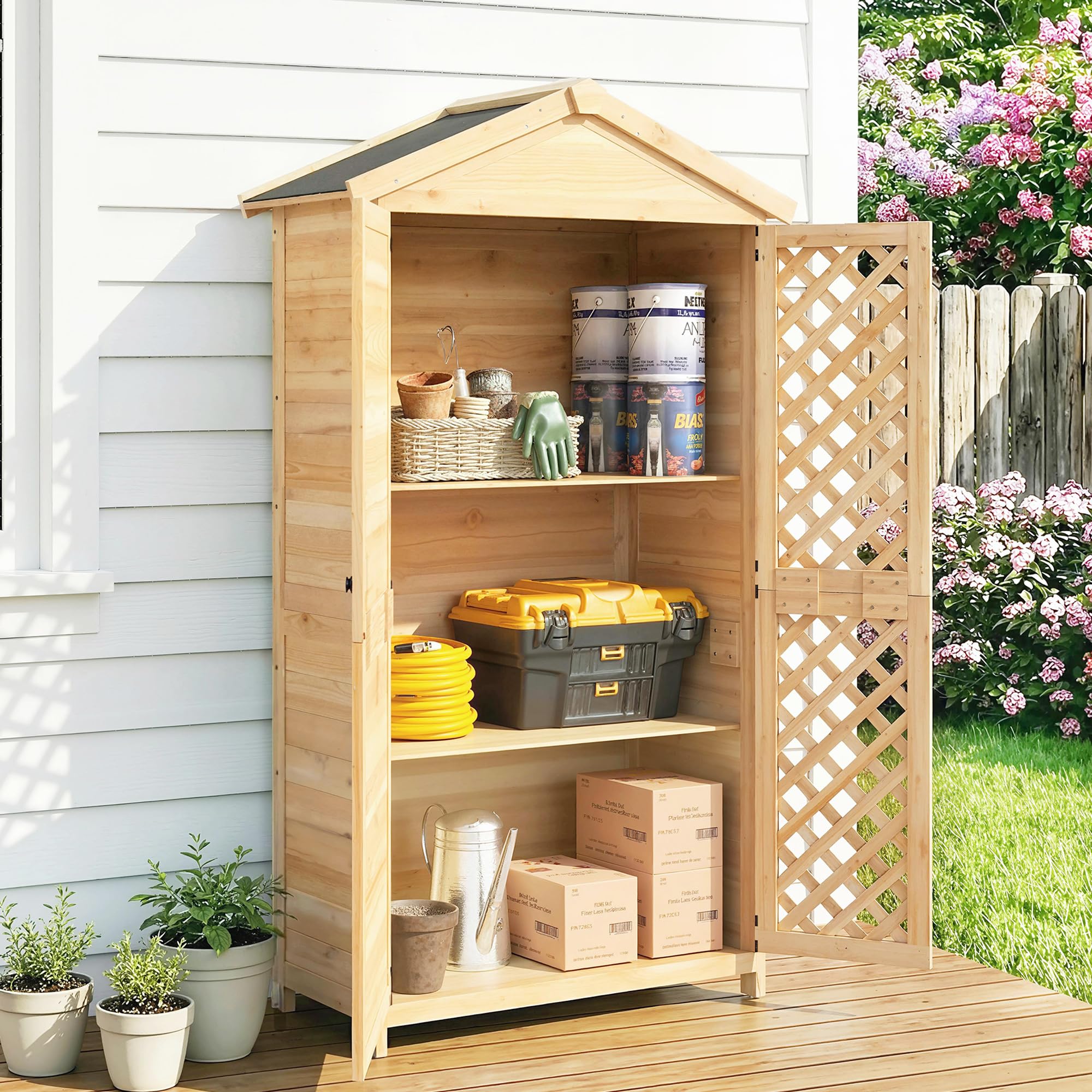 Outsunny Armadio da Giardino in Legno di Abete con Ante Ventilate e Kit Antiribaltamento, Casetta Porta Attrezzi da Esterno con Ripiani Rimovibili e Tetto Inclinato in Asfalto, Colore Legno