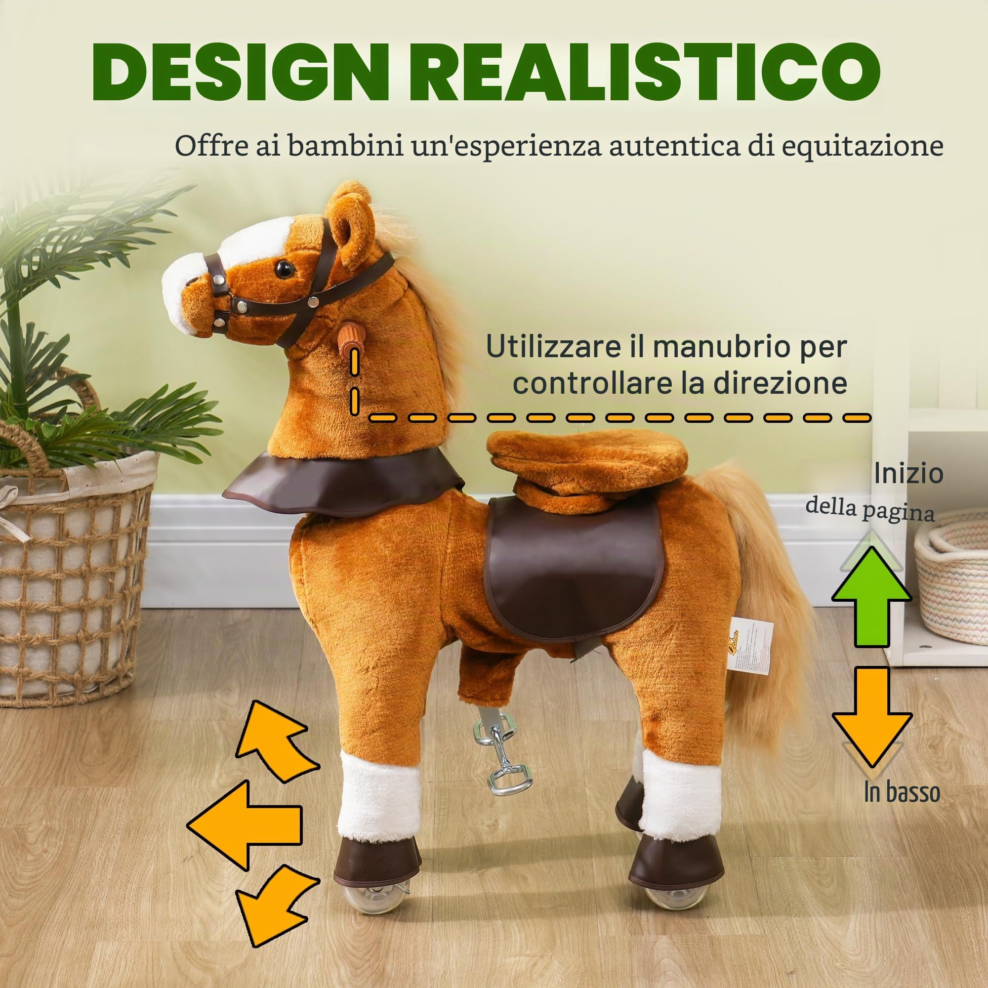 Qaba Cavallo dondolo ruote bambini 3-5 anni fino 60 kg Marrone | Giocattolo cavallo da passeggio, peluche cavalcabile, suono del nitrito