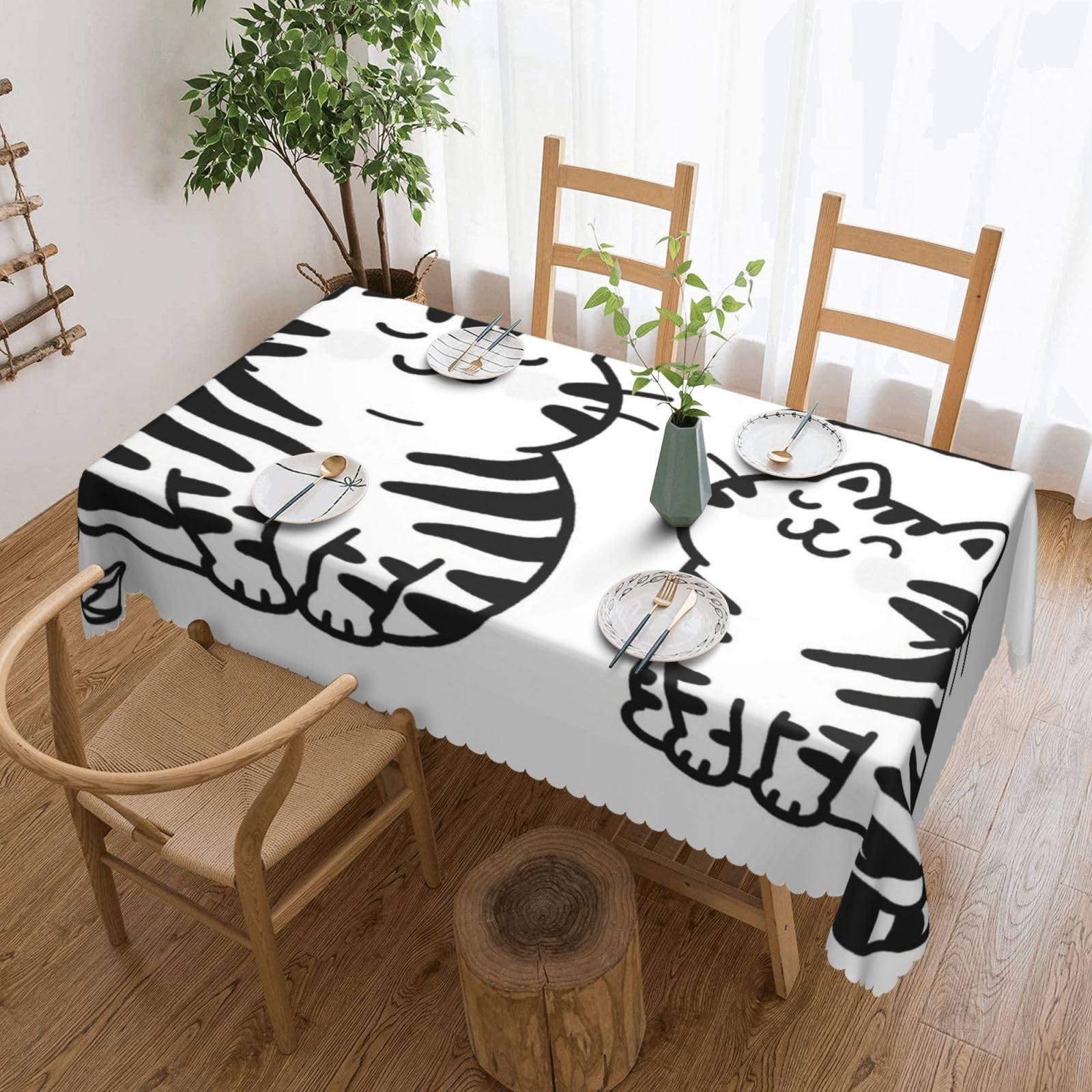 Nappe chat mignon noir et blanc 137x183 cm imperméable pour table rectangulaire