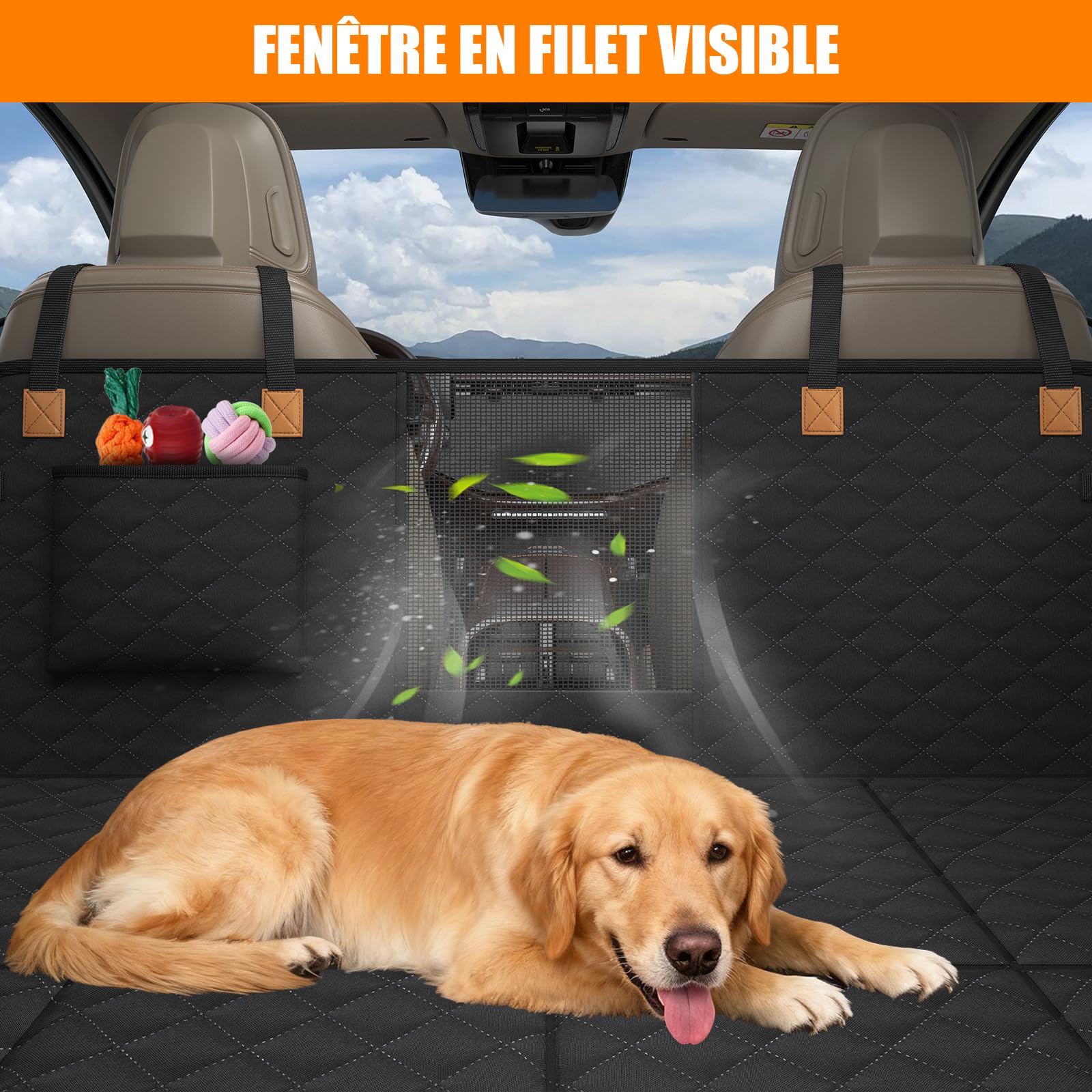 Protection Voiture Chien Siege Arriere [127 x 62 cm], Imperméable, Résistante Aux Rayures, Coque Rigide, Protege Voiture Pour Chien SUV et Voitures Familiales, Lavable, Avec Filet Ventilation (Noir)
