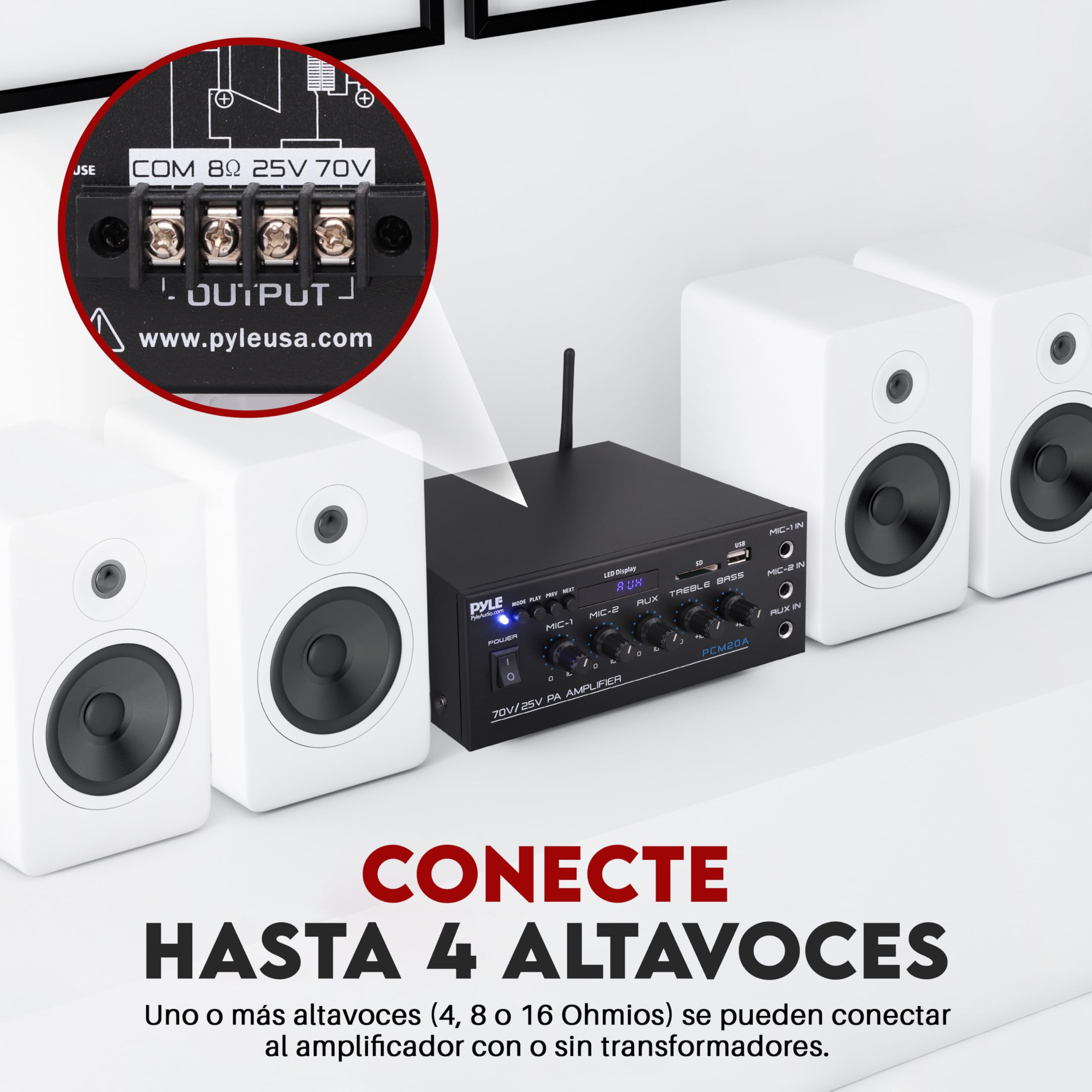 Pyle Sistema Amplificador de Potencia de Audio, Inalambrico, Estereo, Potencia Maxima de 200V, USB, SD, AUX, Entrada de microfono para Karaoke, Radio, Pantalla LCD, RCA
