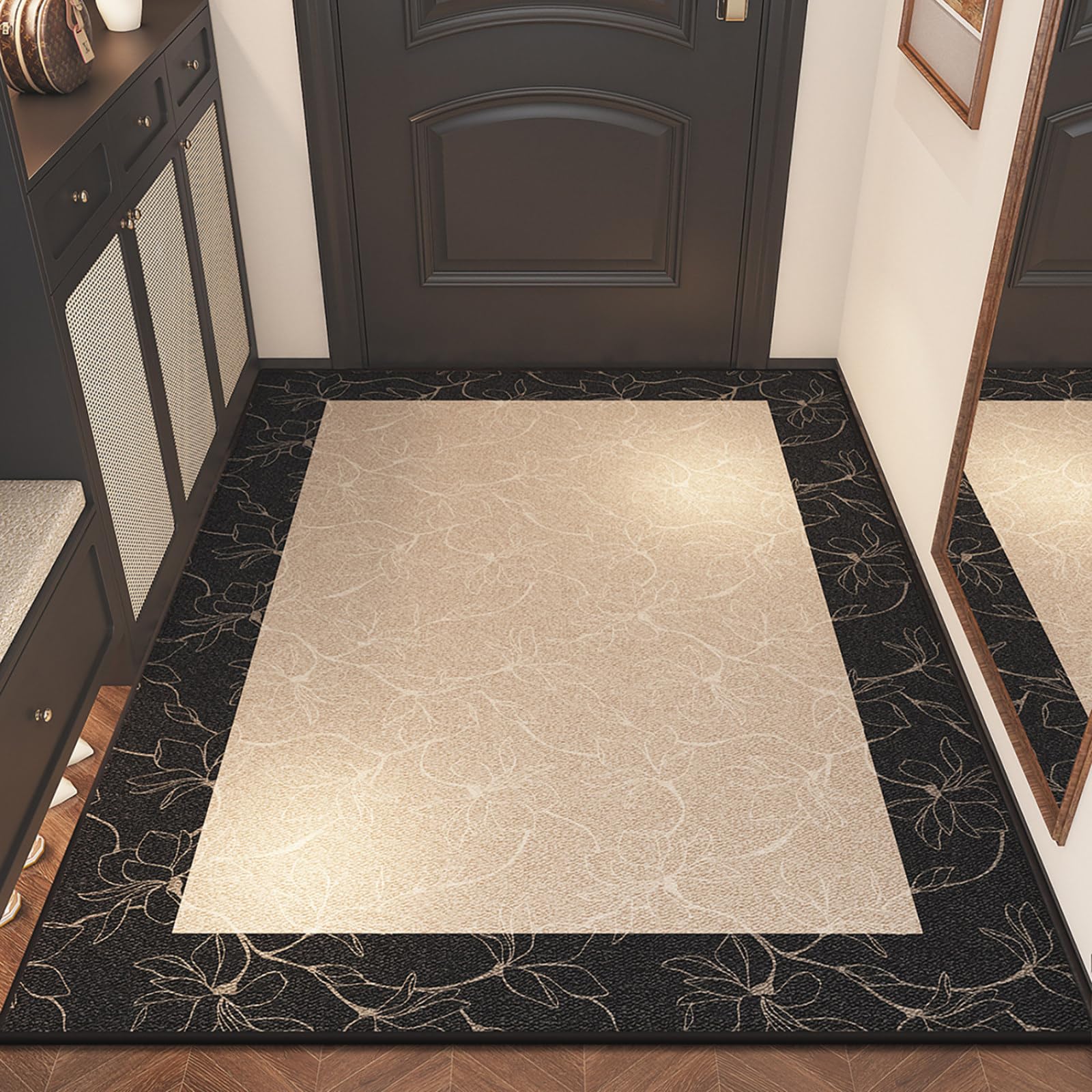 Felpudo Entrada Casa 90x150 Patrón De Planta Negro Beige Felpudo Exterior Antideslizante Lavable Felpudos para Pasillo Cocina Puerta Jardín Decoración Alfombrilla para Entrada