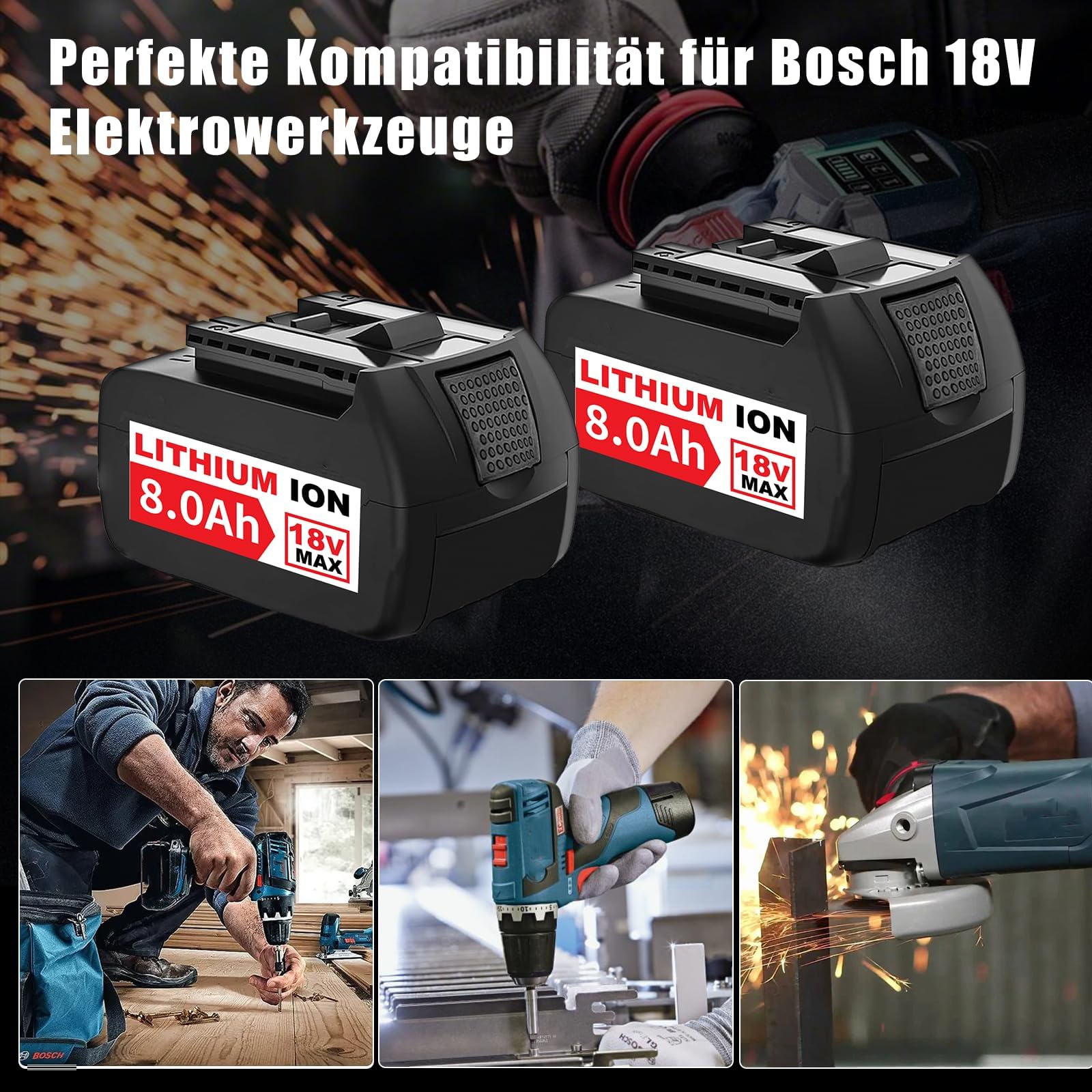 4 Stück 8.0Ah/8000mAh Ersatzakku für Bosch Akku 18V Li-Ionen-Akkus für Bosch 18V Akku BAT609 BAT622 BAT609G BAT618G BAT619 BAT618（Nicht kompatibel mit Home & Garden Geräten sowie PBA-Ladegeräten）