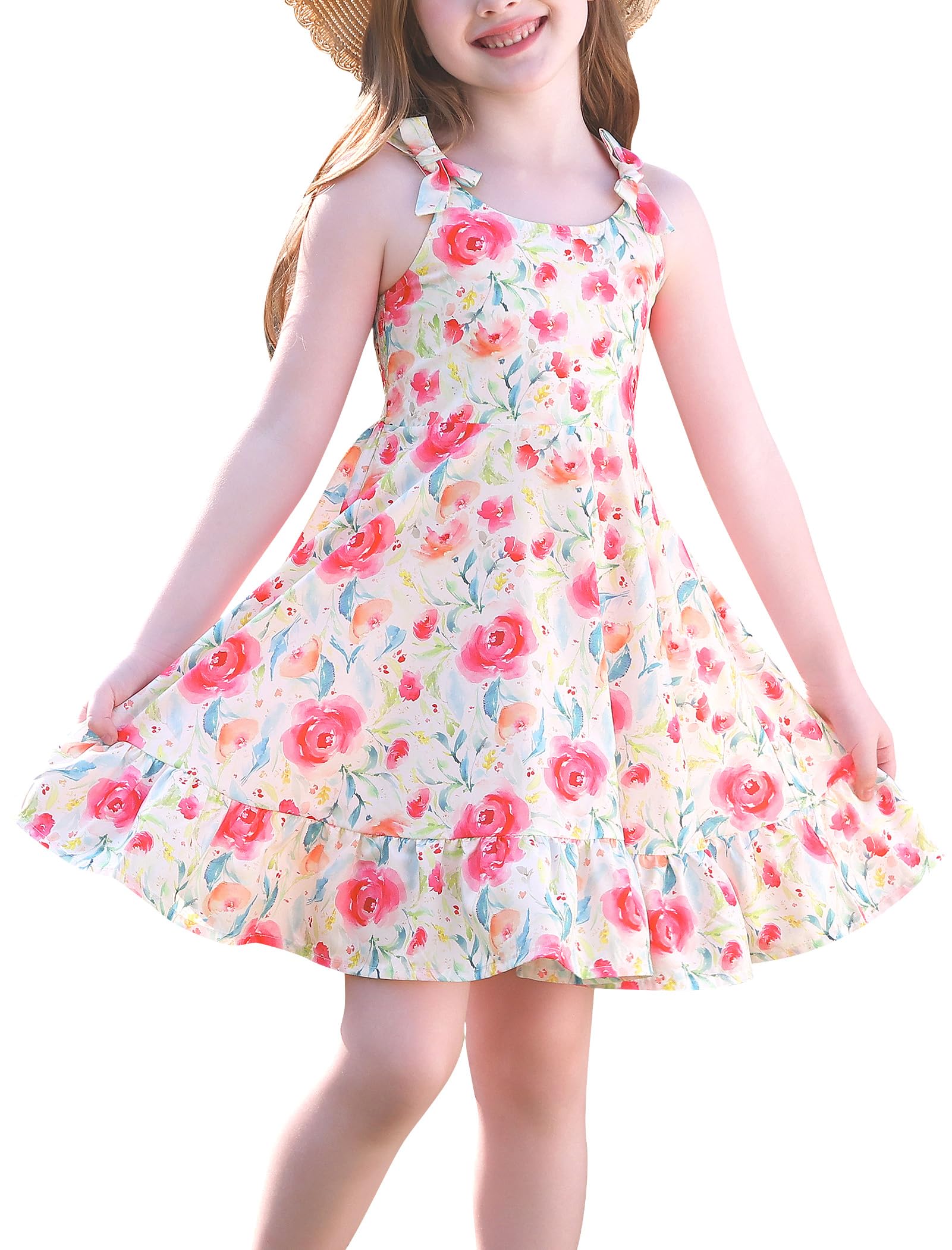 FYMNSI Girls Dresses for Toddler Kids Summer Sleeveless Spaghetti Straps Striped Floral Ruffle Casual Dress Beach Sundress
