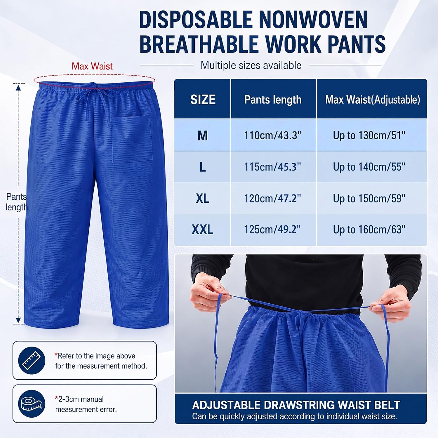 Geiserailie 10 Pcs Disposable Scrubs Pants M Size Dark Blue Nonwoven Breathable Work Pants, Adjustable Drawstring Tie Waist, Protective Trousers
