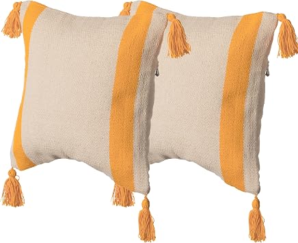 Set of 2 16" Handwoven Cotton Throw Pillow Cover with Side Stripes, Yellow