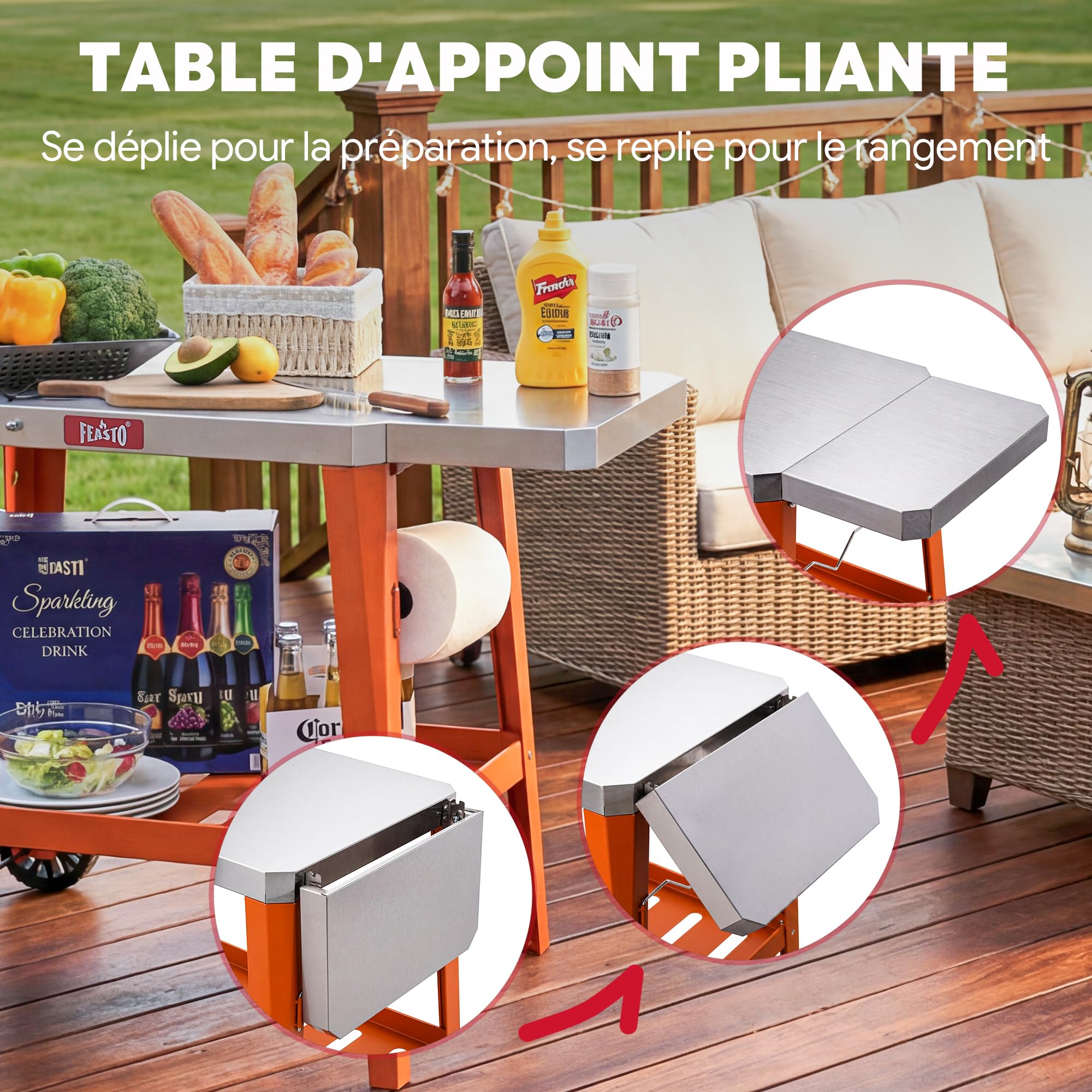Feasto 2-Étagère Desserte de Jardin avec Table d’Appoint Pliable, Orange | Chariot de Barbecue avec Plateau en Acier Inox, Idéal pour BBQ dans le Jardin et la Terrasse, 95 x 67 x 80 cm