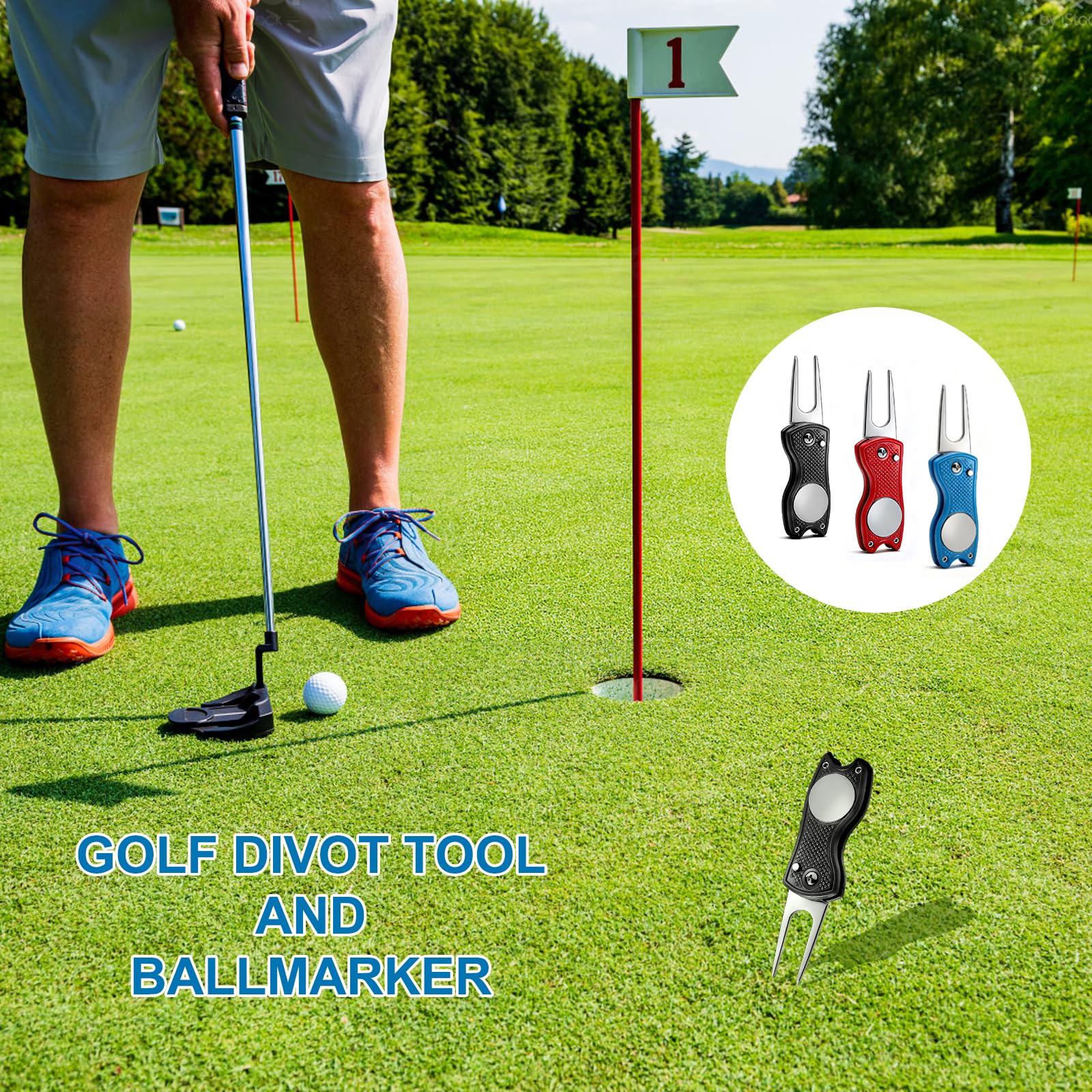 VOSSOT Set de 3 Herramientas Repara Divot Golf Plegables, Accesorios Golf Acero Inoxidable