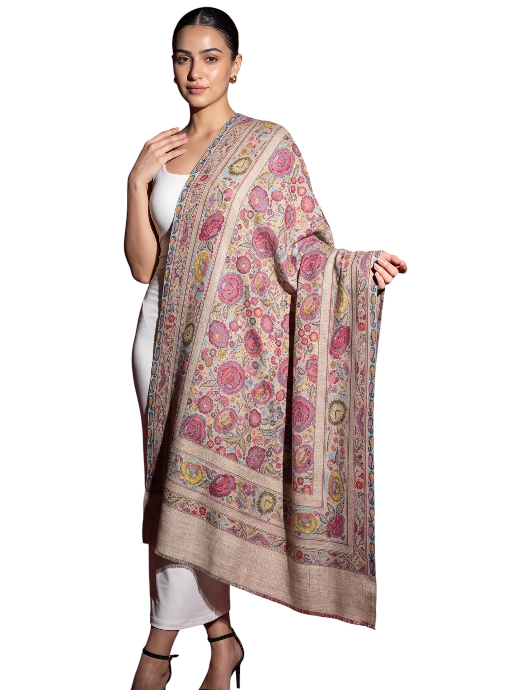 women’s fine wool floral printed stole with butterfly motif | soft lightweight wool wrap shawl | elegant designer scarf for winter & all seasons | 200 x 70 cm