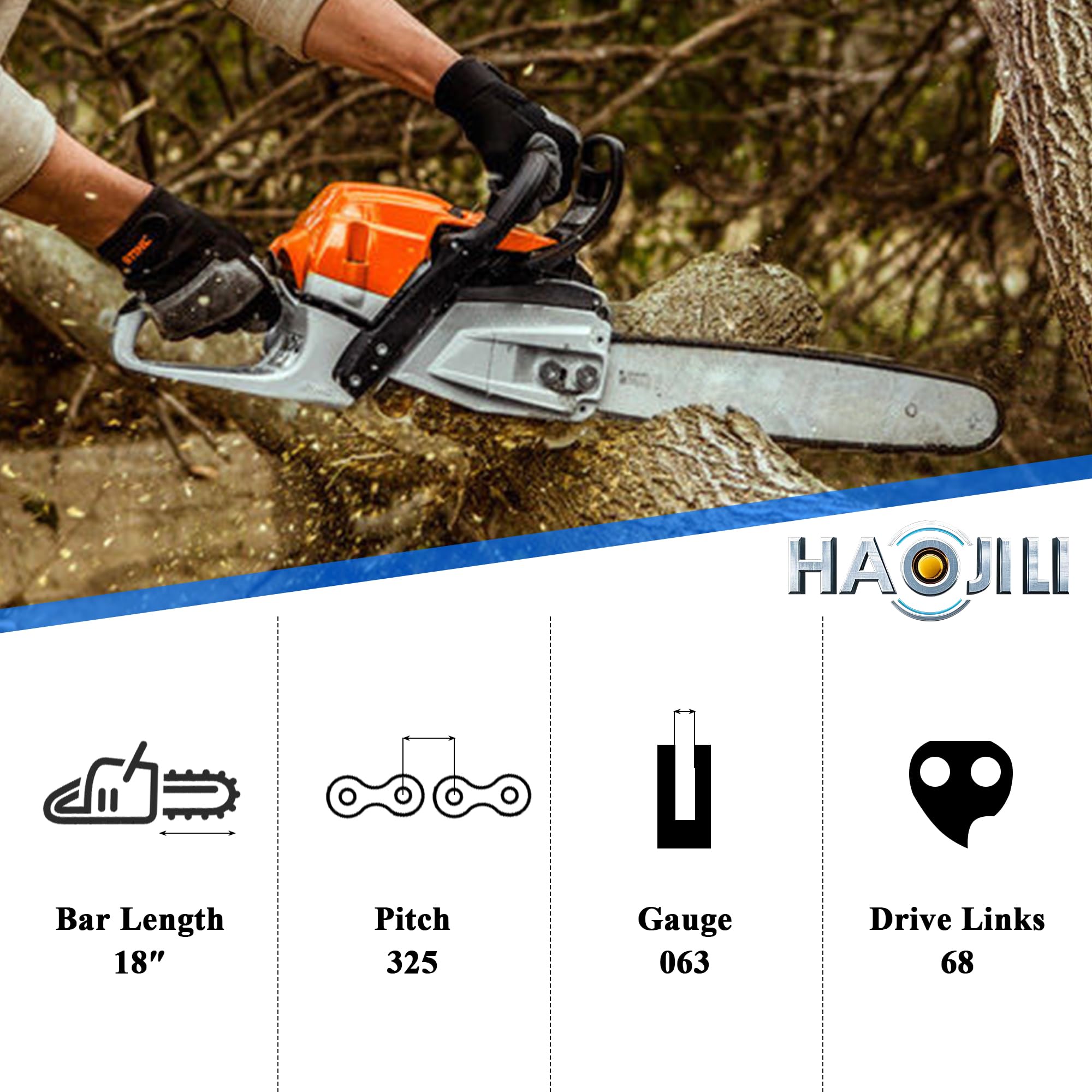 Cadena de motosierra de 18 pulgadas, paso LP de 0.325 pulgadas, calibre de 0.63 pulgadas, 68 eslabones de transmisión, paquete de 2 motosierras de repuesto para Echo, Husqvarna, STIHL, Makita