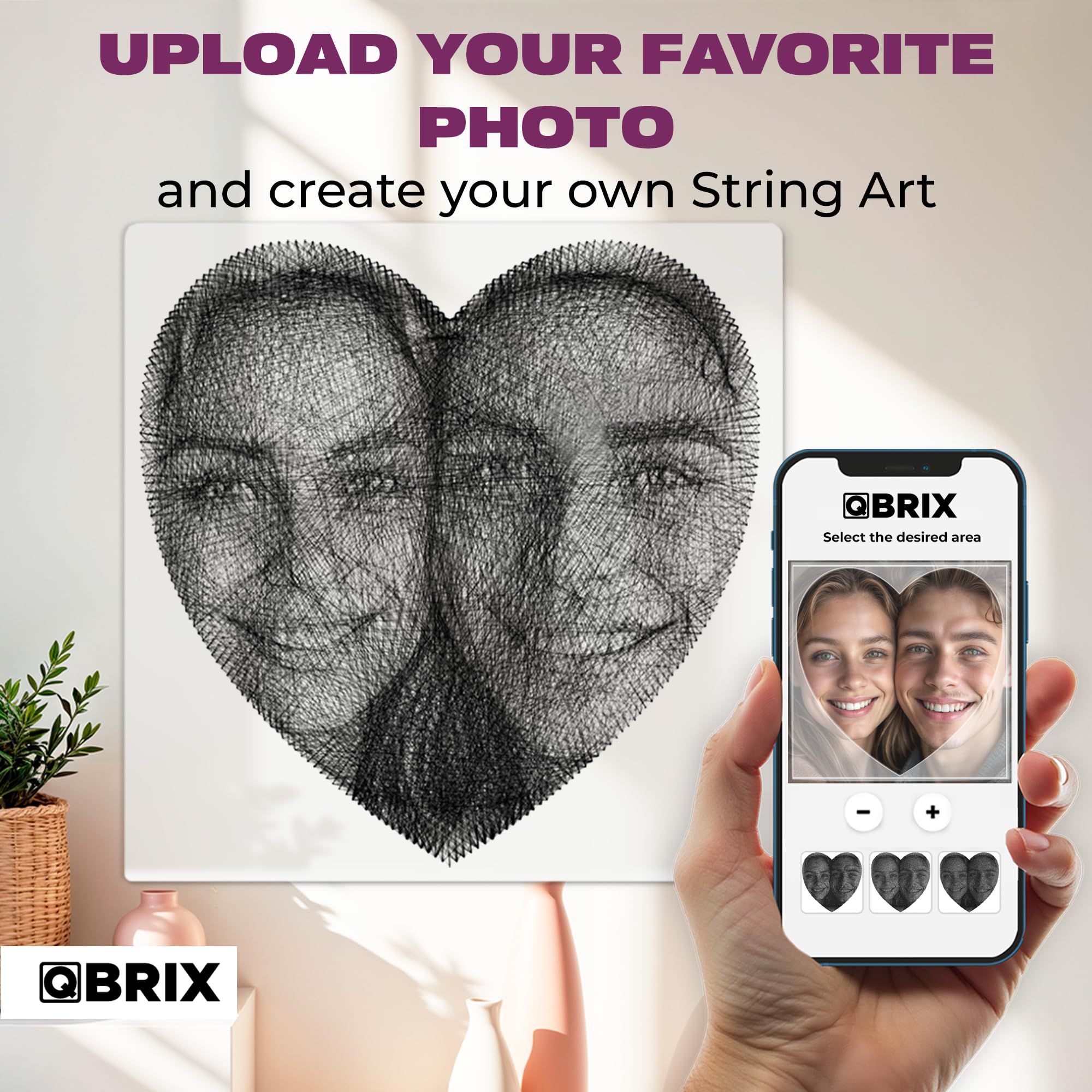 QBRIX Custom Strig Art DIY Craft Zamień dowolne zdjęcie w ręcznie robiony wystrój domu kształt serca