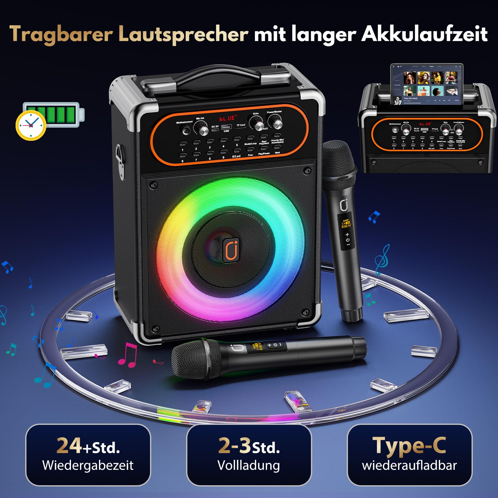 HWWR Karaoke Maschine, Karaoke Anlage mit 2 Mikrofonen Tragbarer Bluetooth 5.3-Lautsprecher mit PA-Anlage mit Echo-Einstellung, Unterstützung für TWS/TF-Karte/USB/AUX/TV-Anschluss, Bühnensubwoofer