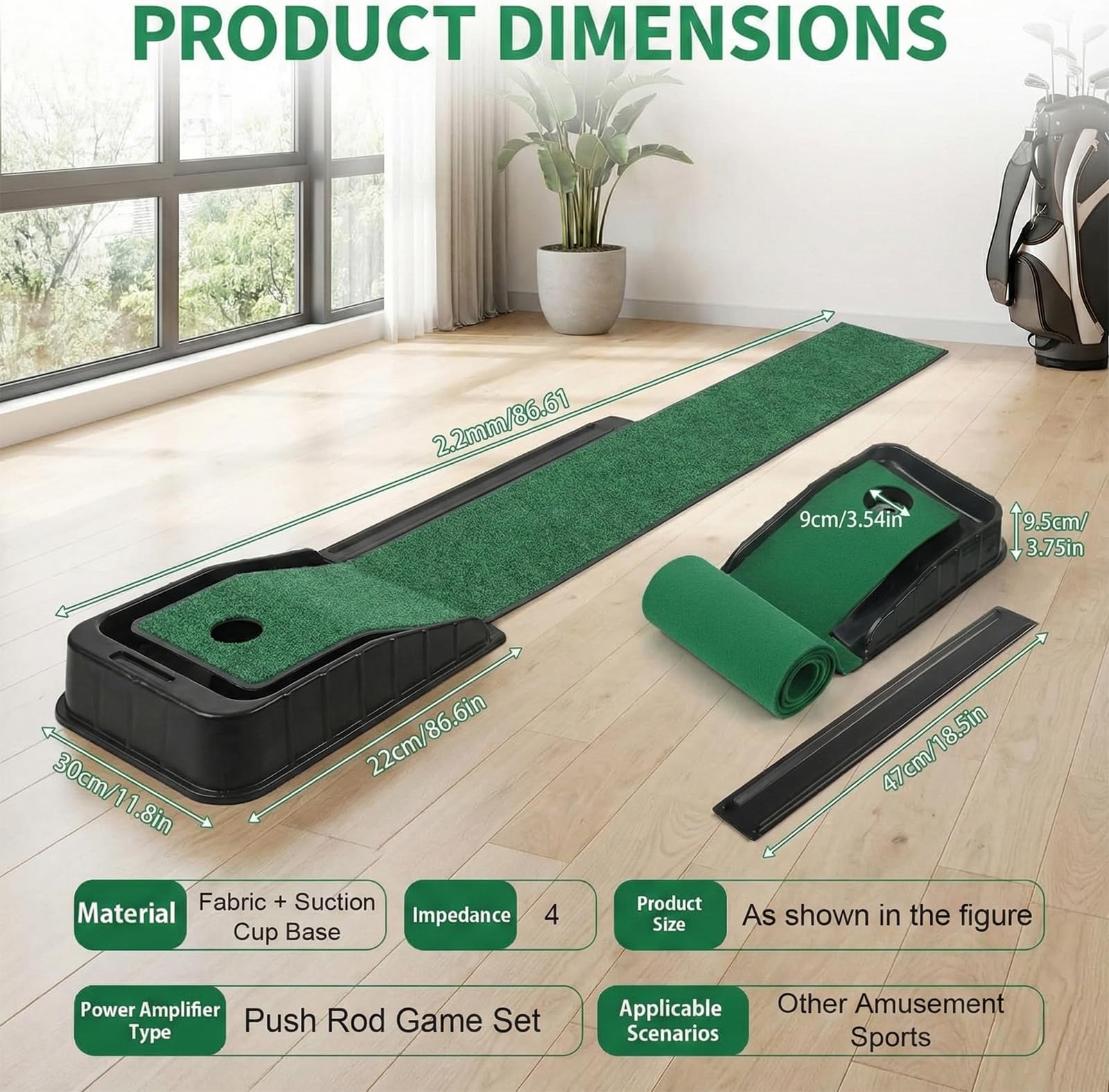Tapis de golf vert d'intérieur avec retour automatique de balle et 3 trous, entraînement à domicile et aide à la pratique pour homme, tapis de golf adapté pour bureau, salle de loisirs, terrasse