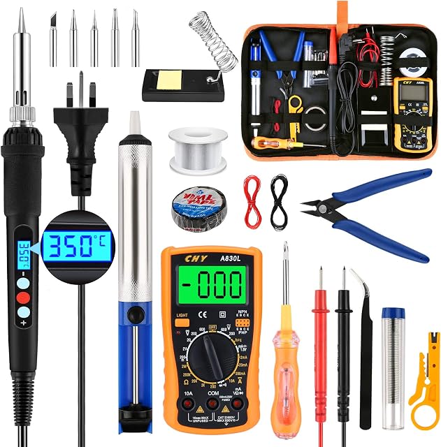 Soldering Iron Kit Welding Tools - 60W 240V LCD Screen 180-500 Temperature Adjustable Solder Wire 5 Tips Digital Multimeter Desoldering Pump Stand Wire Cutter Screwdriver 22PCS