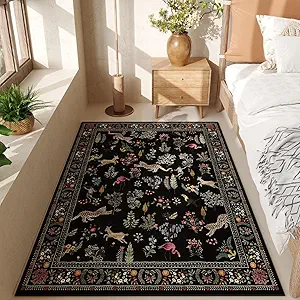 Bedroom Rug 3x5 Rug Washable Area Rug Non Slip Low Pile Boho Floral Animal Small Carpet for Bedroom, Bedside, Kitchen, Entryway, Kids Room, Office, College Dorm Essentials for Girls (Black)