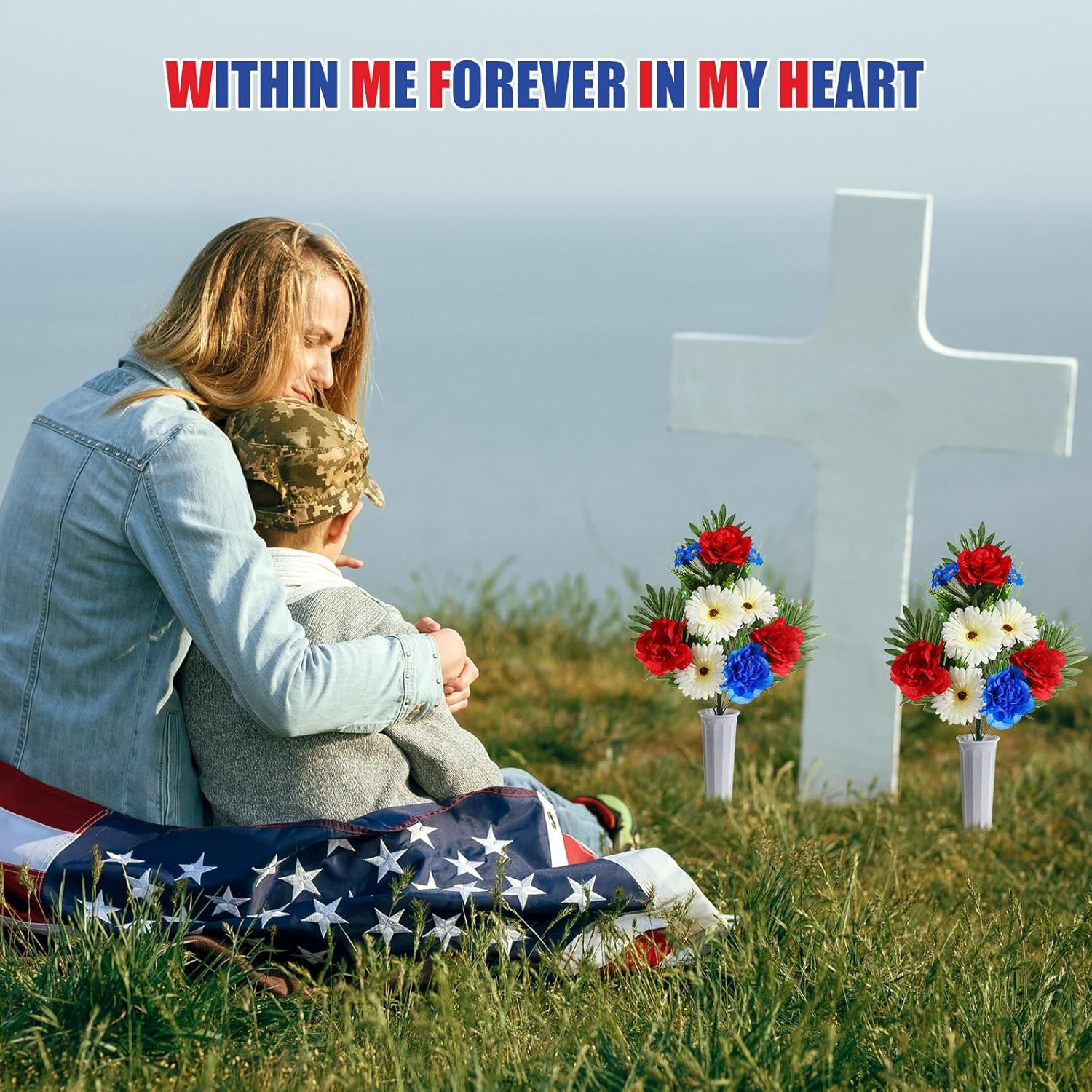 6 Sets Patriotic Memorial Bouquet with Vase Cemetery Flowers for Grave Red Blue Peony and White Mum Thank You Veterans Artificial Flowers 4th of July Funeral Headstones Bouquet Grave Decoration