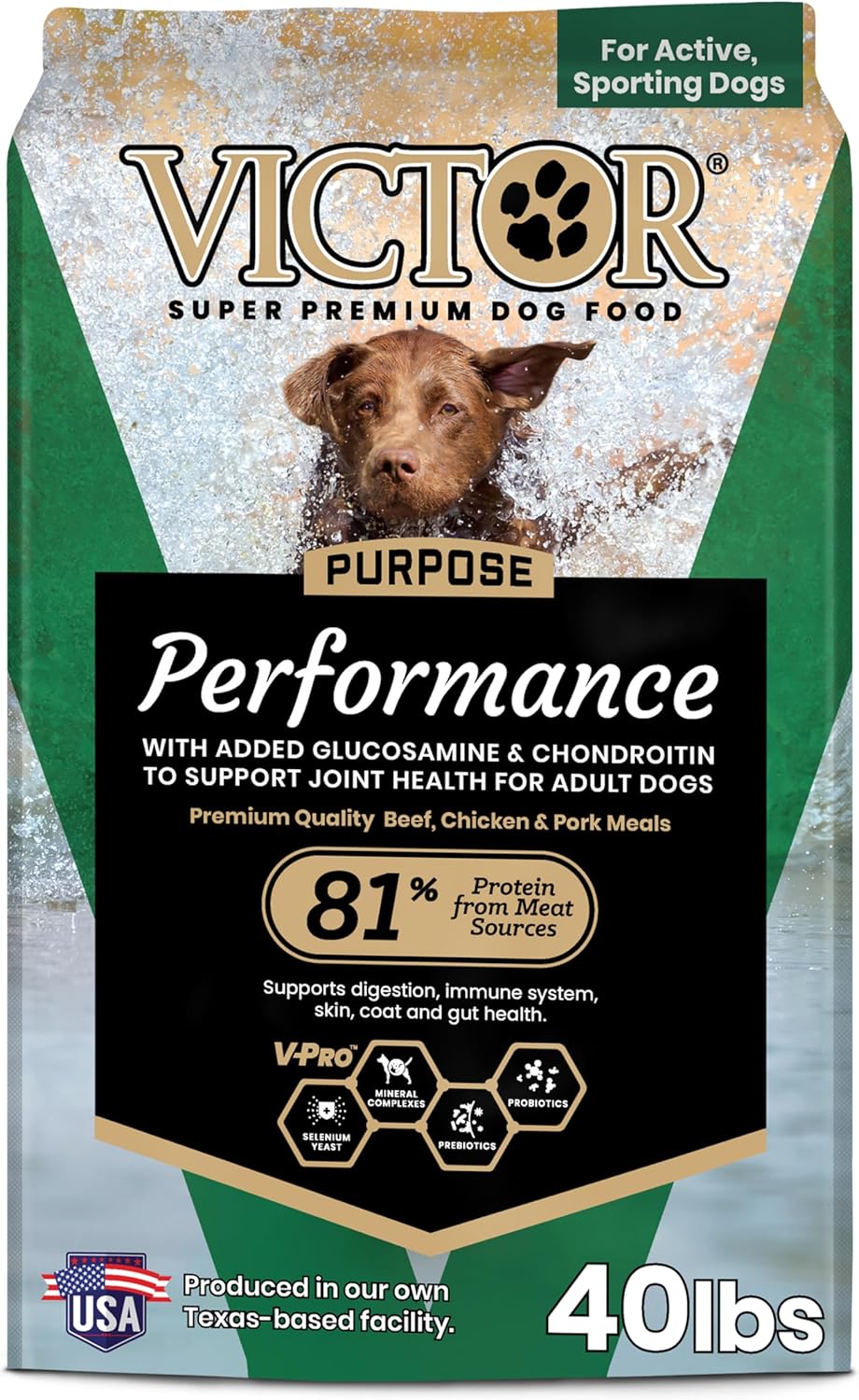 VICTOR Super Premium Dog Food – Performance Dry Dog Food from Beef, Chicken and Pork Meal – 26% Protein for Active Adult Dogs – Includes Glucosamine and Chondroitin for Hip and Joint Health, 40lbs 40 Pound (Pack of 1) - Image 1 of 10