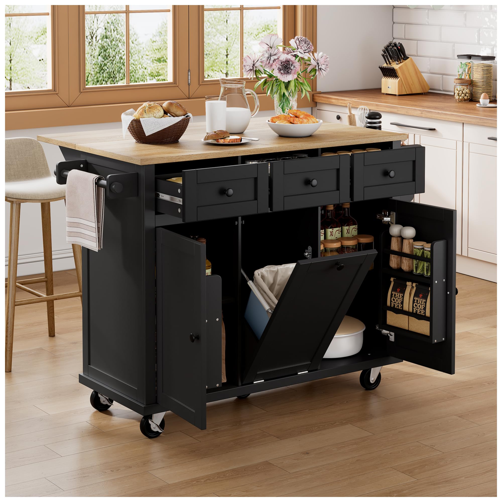 Carrello da cucina nero con ruote espandibile Isola da pranzo Cestino della spazzatura Spazio Cassetti Portaspezie laterale & Porta asciugamani – Soluzione versatile per riporre e riporre oggetti da