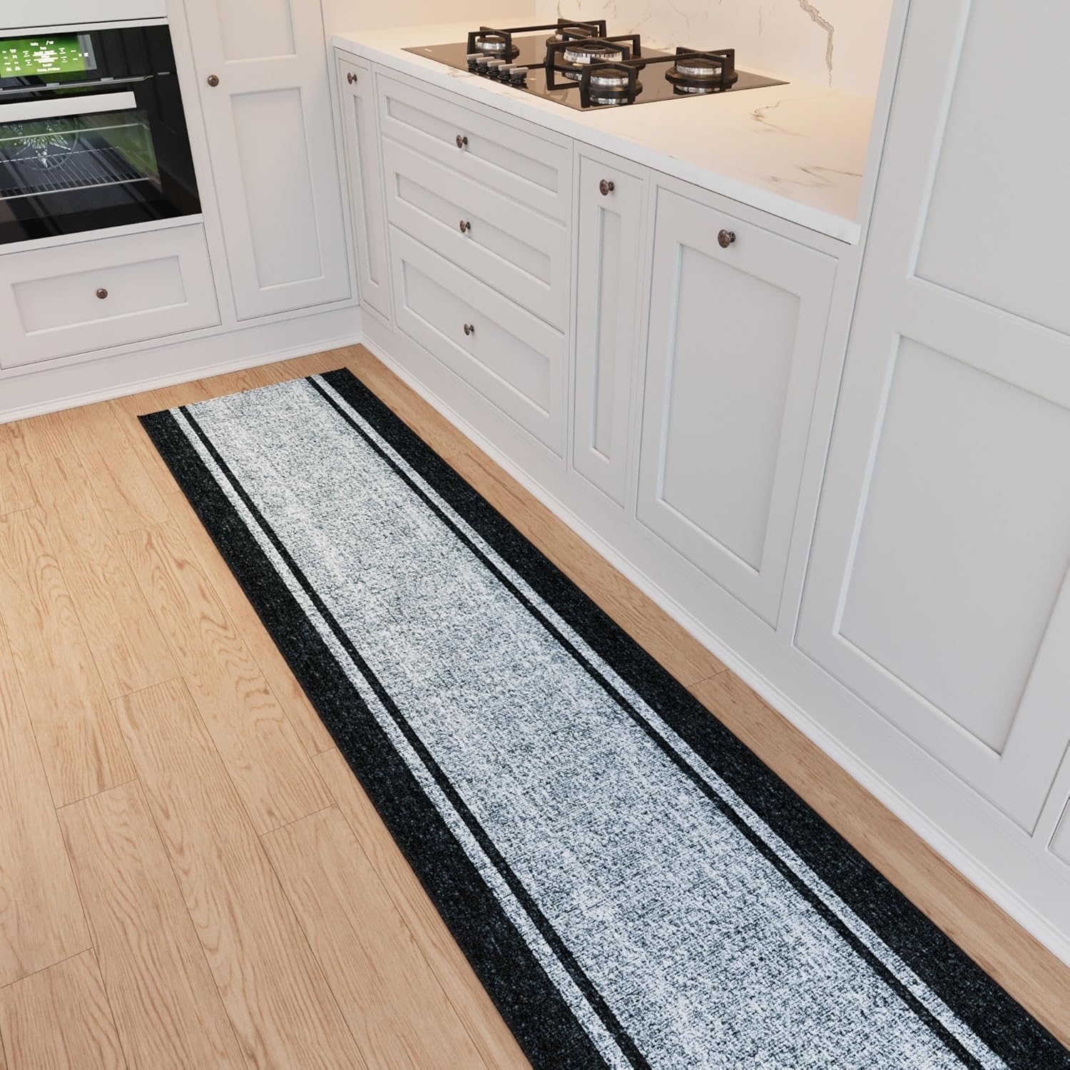 Ottomanson Kitchen Runner Rug 1'10.5" x 6' – Machine Washable Soft Non-Slip Rug, Quick Dry Low Pile Carpet for Kitchen, Bathroom & Entryway, Border Gray