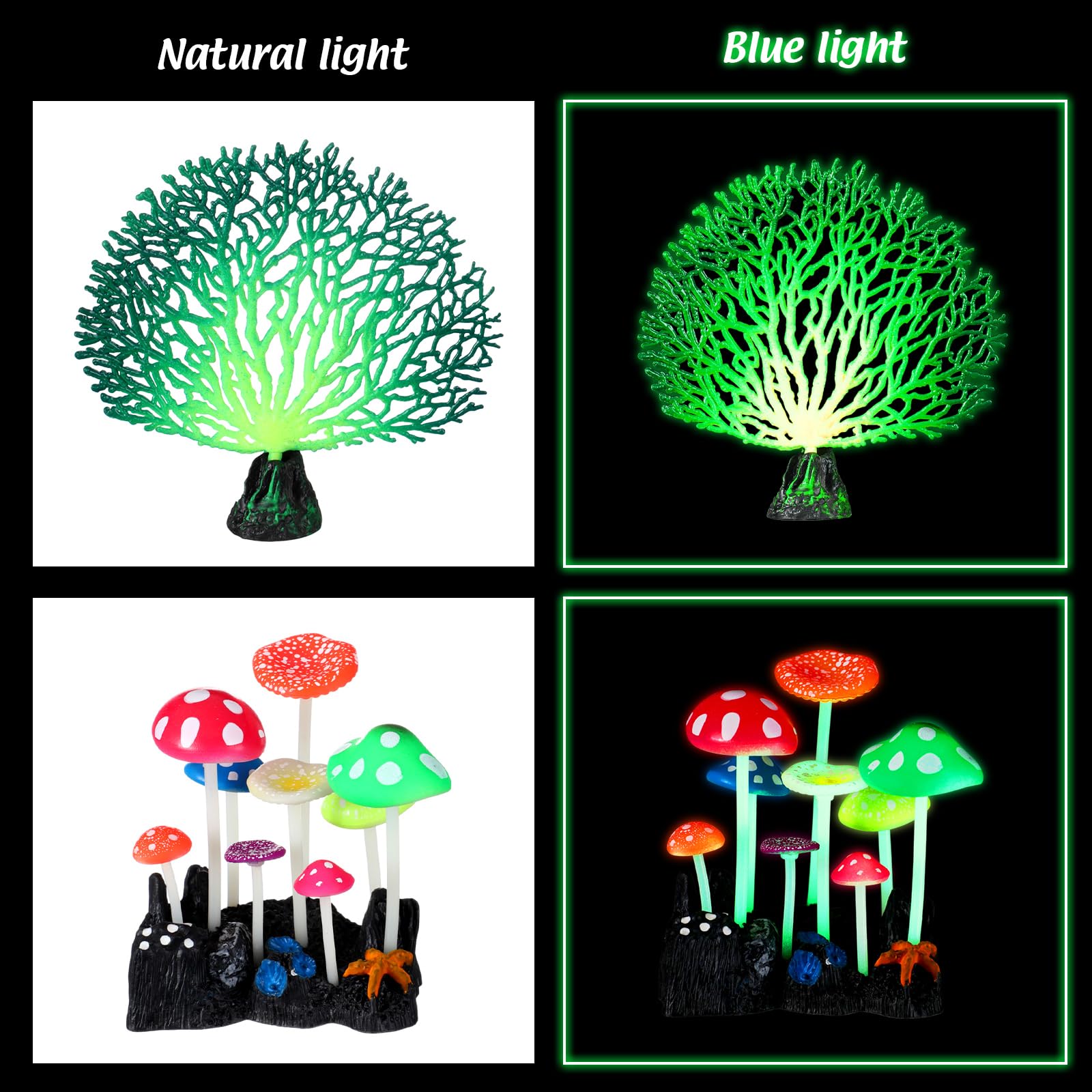 Frienda Lot de 8 plantes lumineuses pour aquarium avec 2 styles de varech, anémone de mer, corail artificiel, méduse, feuille de lotus, champignon pour aquarium (bleu, rose)