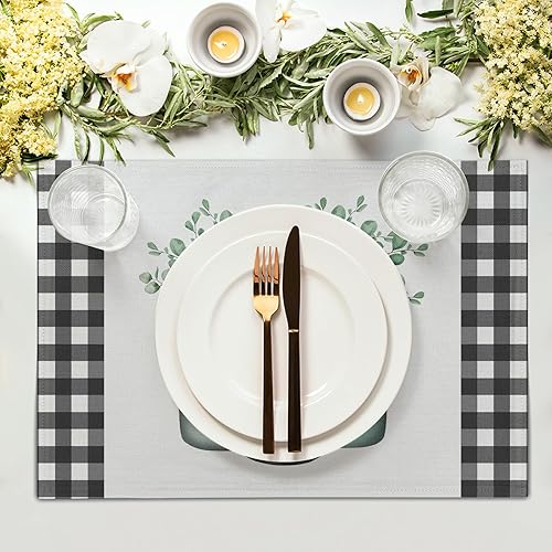 Miniatura 3 de Juego de 4 manteles individuales de hojas de primavera de 12 x 18 pulgadas, diseño de hojas de eucalipto, color negro y blanco, cuadriculado, para