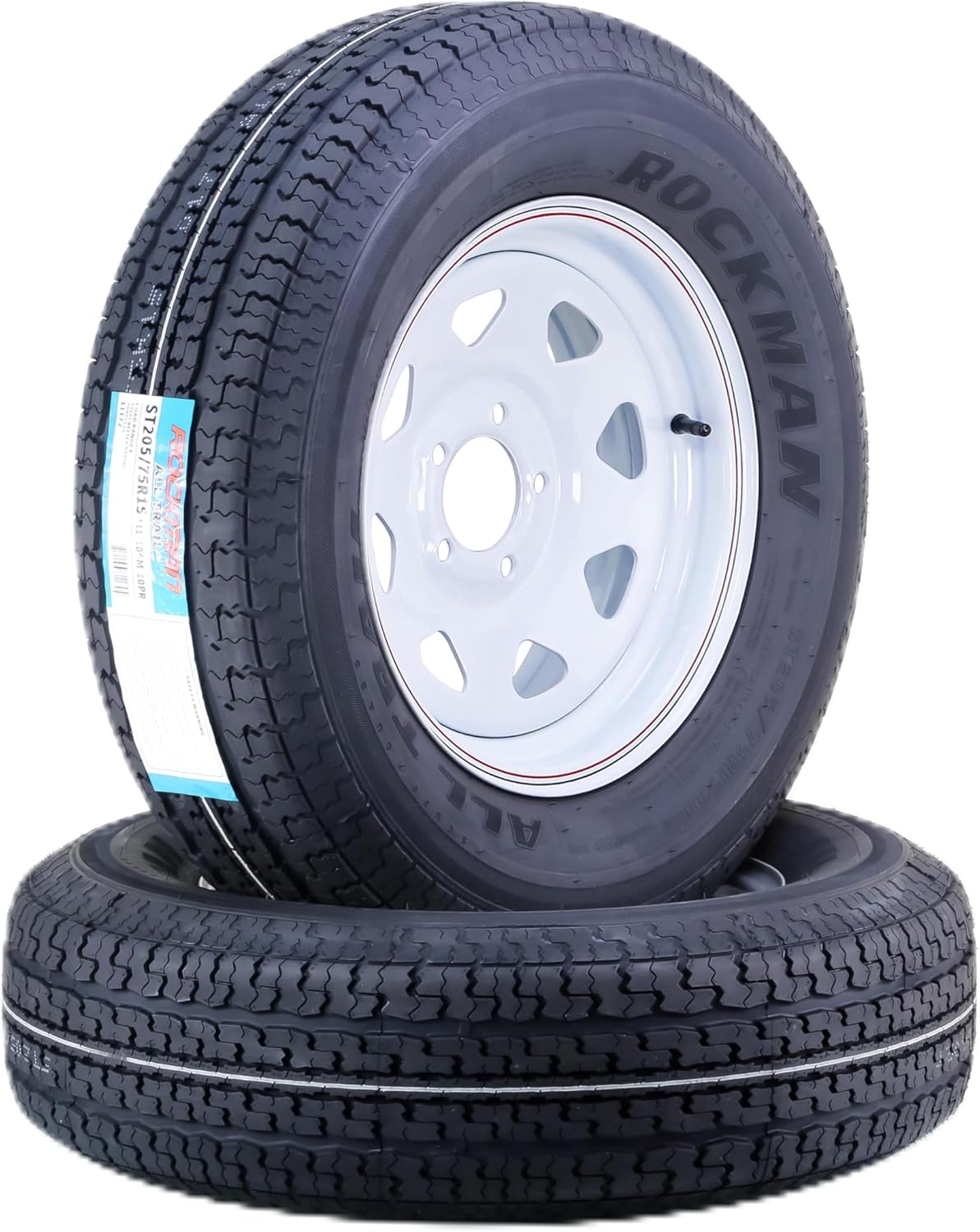 ROCKMAN Trailer Tire Wheel Assembly ST205/75R15 10-Ply E 111M Heavy Duty 2400lbs w/5 Lug on 5" PCD White Spoke Rim,SET 2