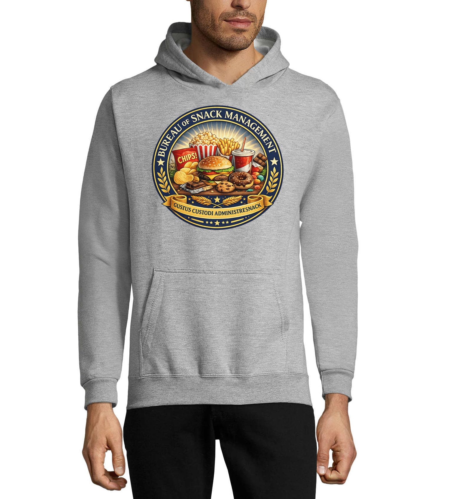 Godło z różnymi popularnymi przekąskami unisex mieszanka bawełny bluza z kapturem bluza z kapturem szara