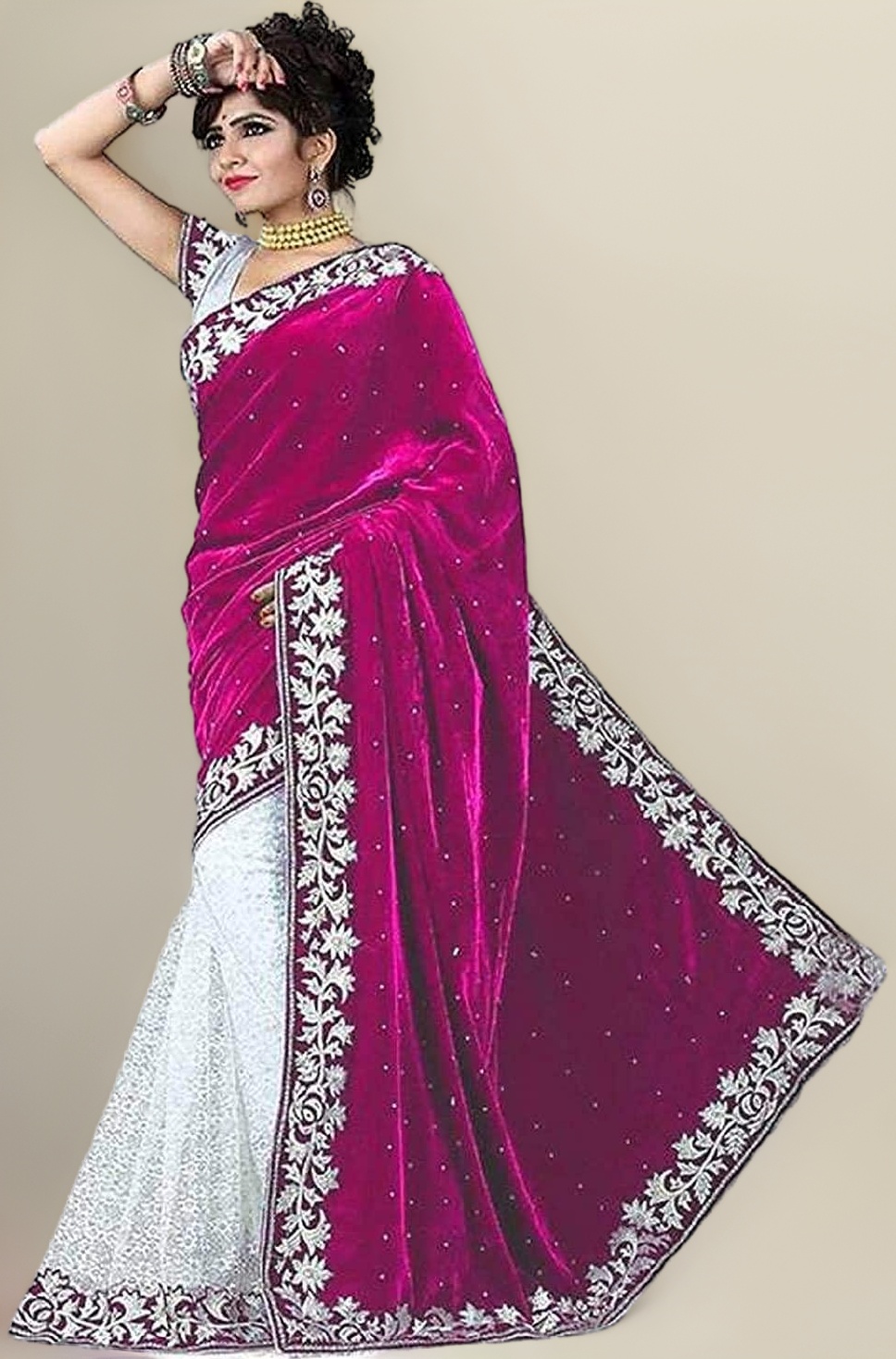 3Buddy Fashion Women's Velvet and Brasso Half-Half Saree with Blouse Piece