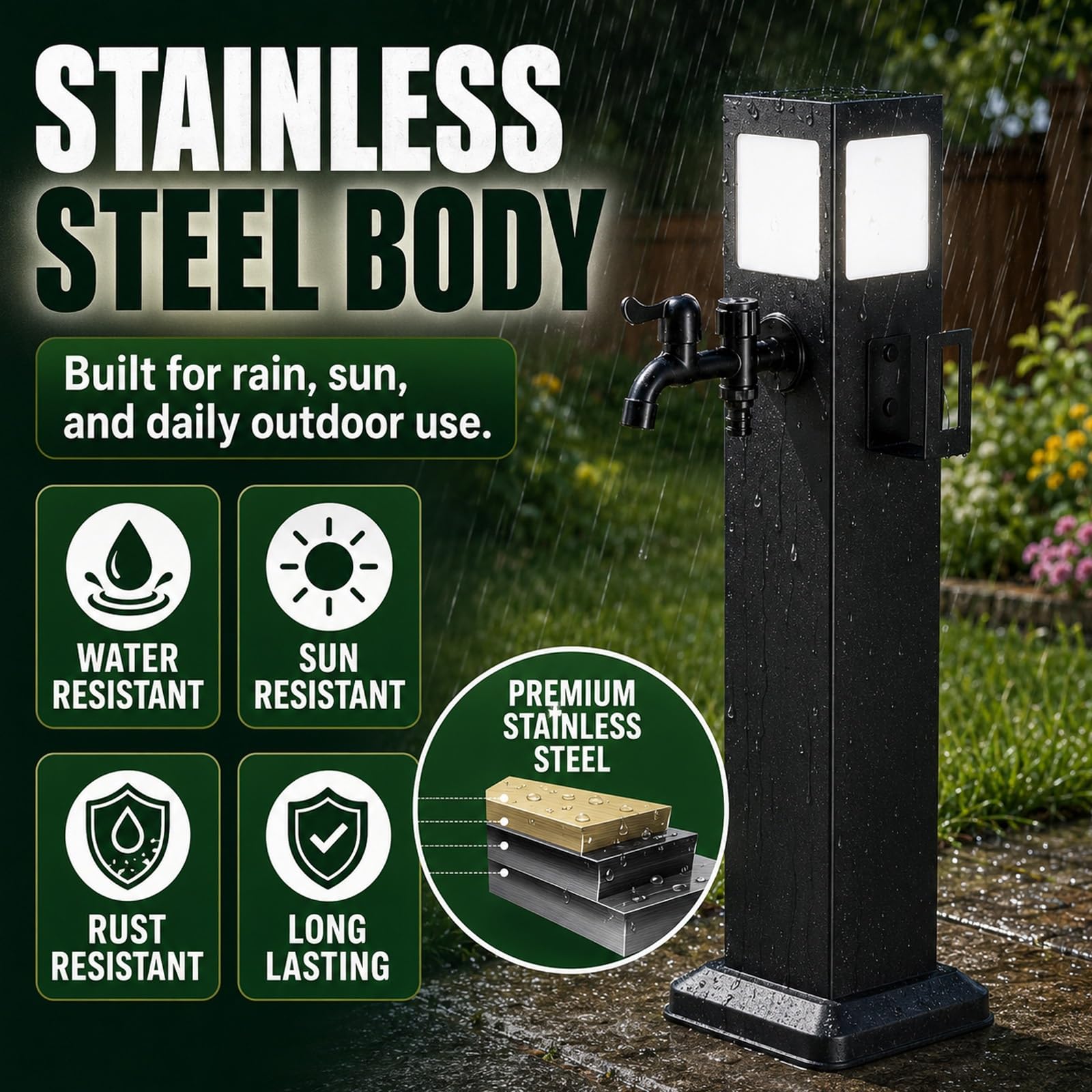 Columna de agua para exteriores con grifo, columna de acero inoxidable estación de toma de agua resistente a las heladas con luz solar para jardín, césped o patio