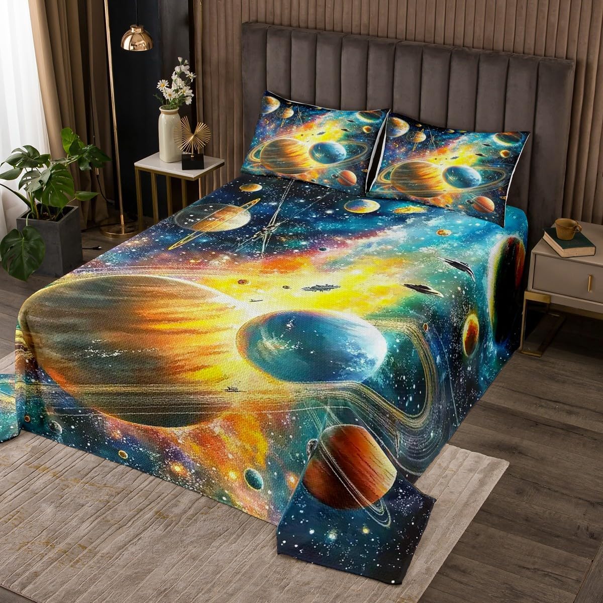 Erosebridal Galaxy Quilt Set Queen Size for Kids Teens Adults,Cartoon Planets Astronaut Coverlet Set,Outer Space Bedspread Set,Rocket Bed Cover Bedroom Decor
