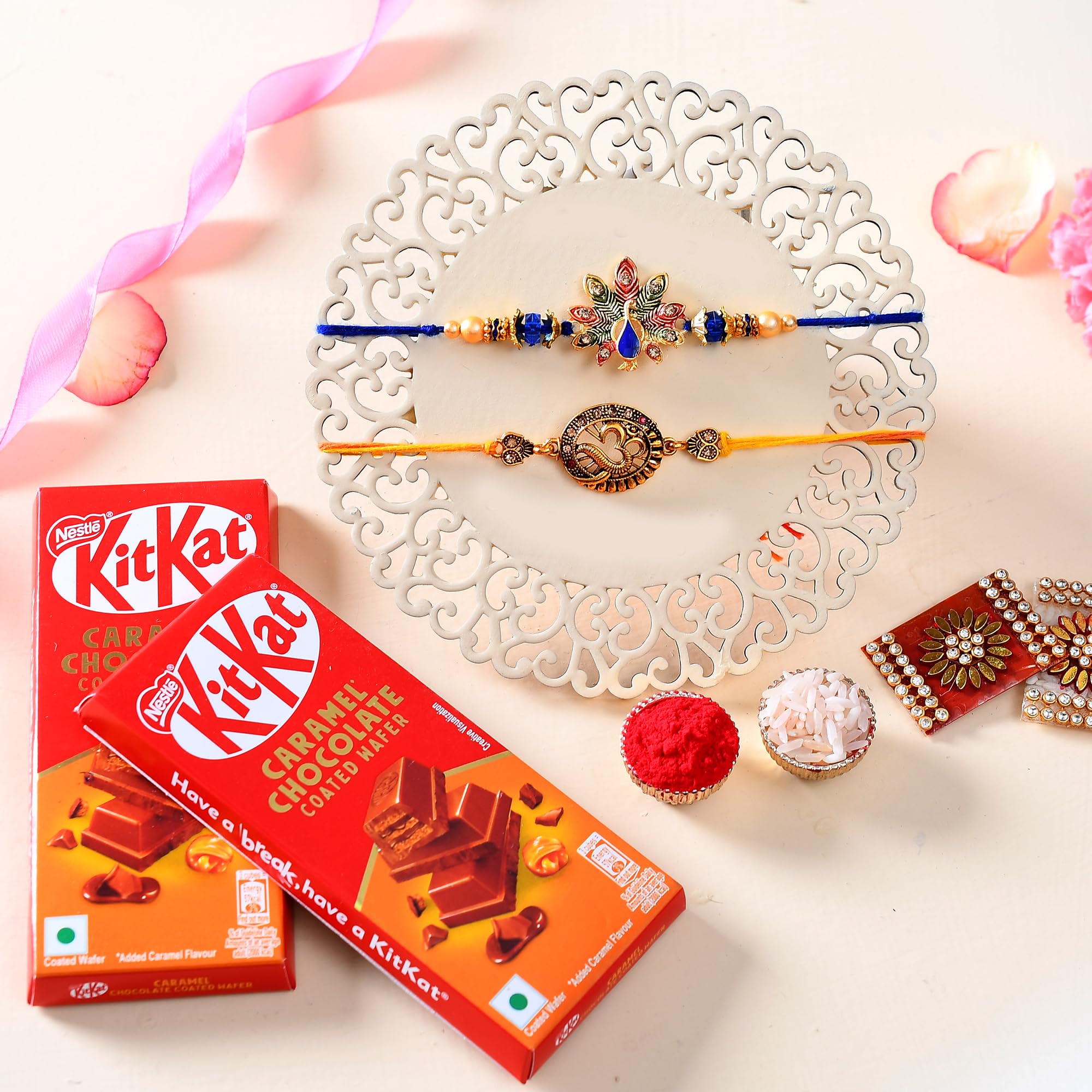 Pride Store Rakhi For Brother, 2 Kit Kat Chocolate With Om And Peacock Rakhi, 1 Tilak Pack, 1 Greeting Card Chocolate Gift Combo Set | Best Rakhi Gift For Brother, Chocolate gifts (C)