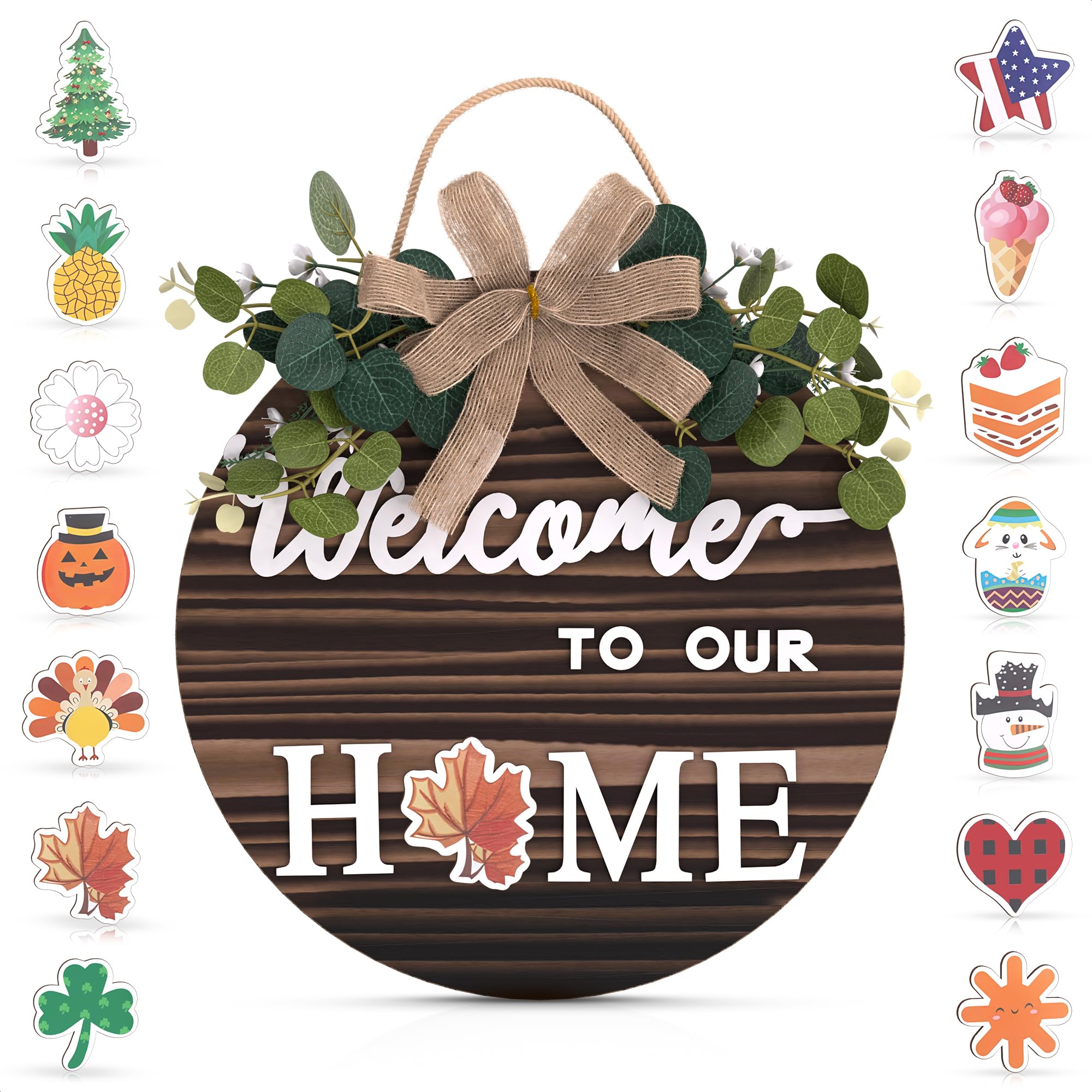 Interchangeable Welcome Sign – Welcome Signs for Front Door, Rustic Fir Wood with Hanging Cord & Metal Hook, Includes 14 Magnetic Changeable Icons – For Halloween, Year-Round Porch & Indoor Decoration